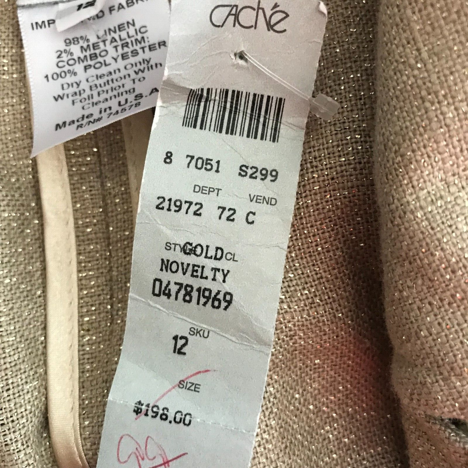 NWT Cache Trench Coat Jacket Womens Sz 12 Gold Beige Metallic Linen Belted