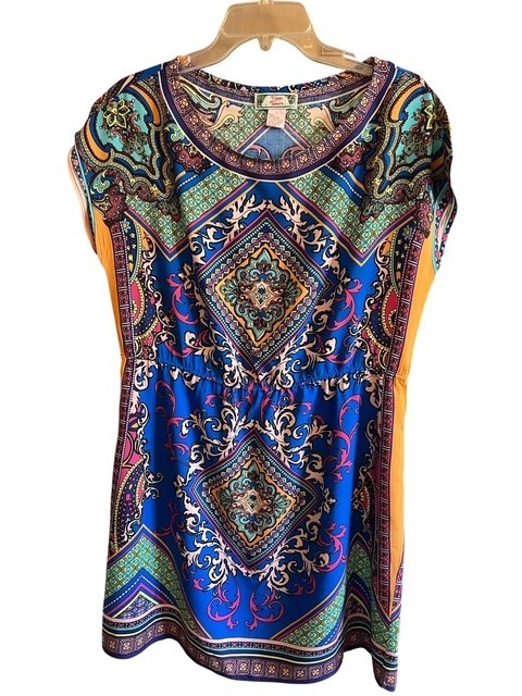 Flying Tomato Shift Dress Womens Large Geo Tile Pattern Short Sleeve Rayon Boho