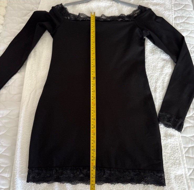 🌸Edikted Black Off Shoulder Long Sleeve Lace Trim Stretch Bodycon Mini Dress L