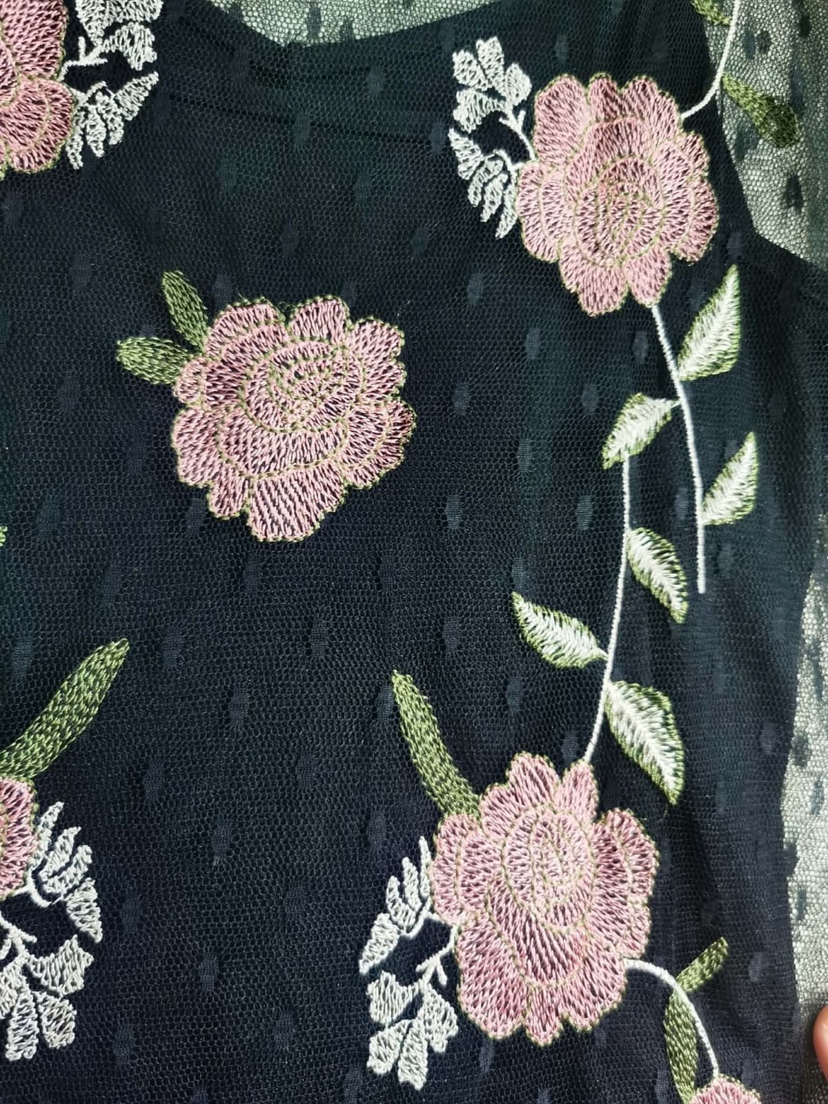 Women’s Black Mesh Floral Embroidered Midi Dress Short Sleeve Sheer size 2