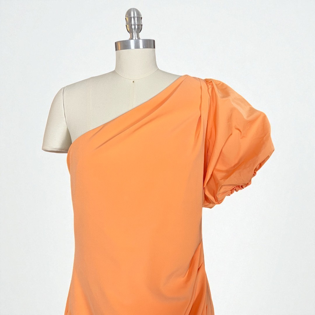 Ralph Lauren Annona One Shoulder Orange Puff Sleeve Midi Cocktail Dress 10
