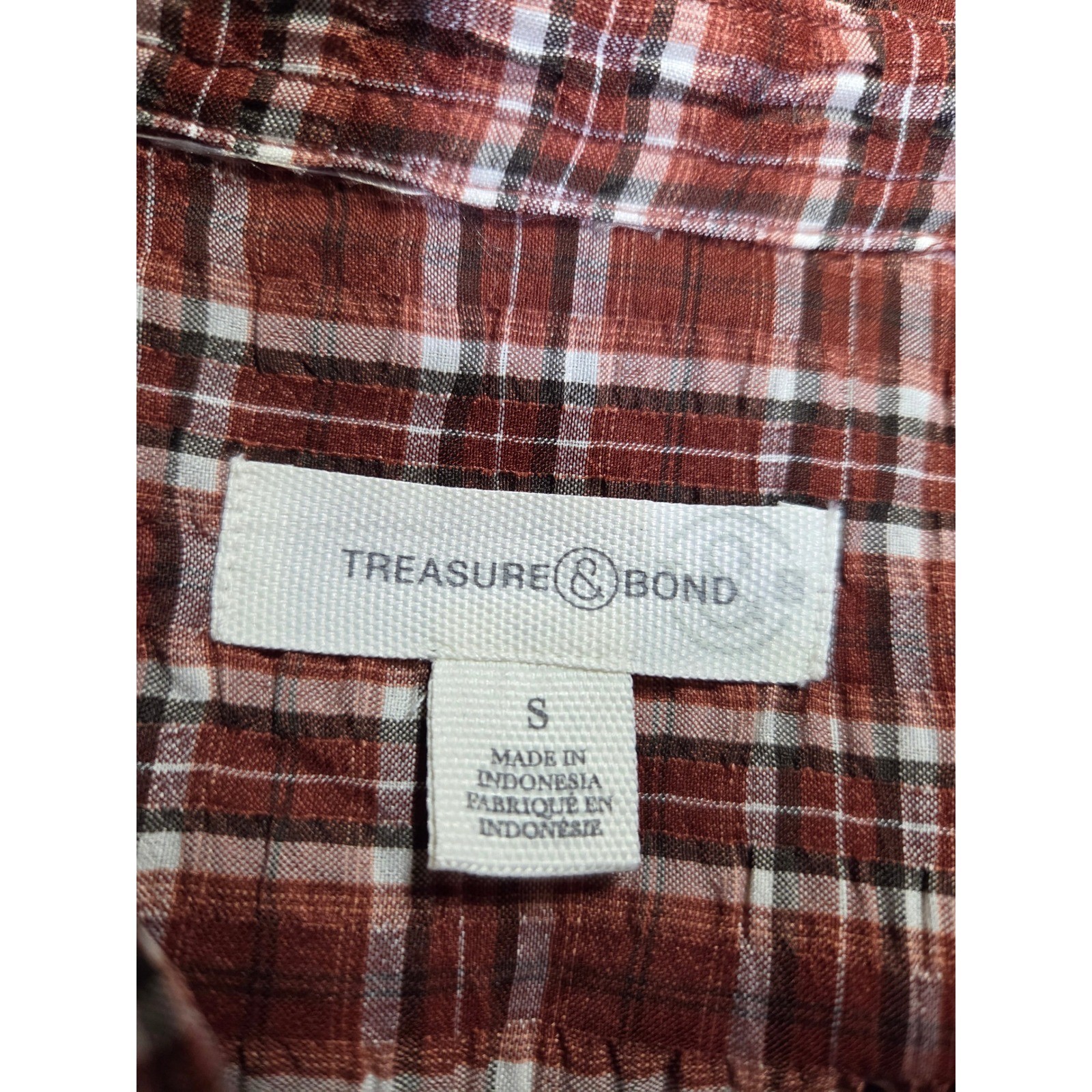 Treasure & Bond Plaid Split Neck Balloon Sleeve Blouse Rust Brown Small
