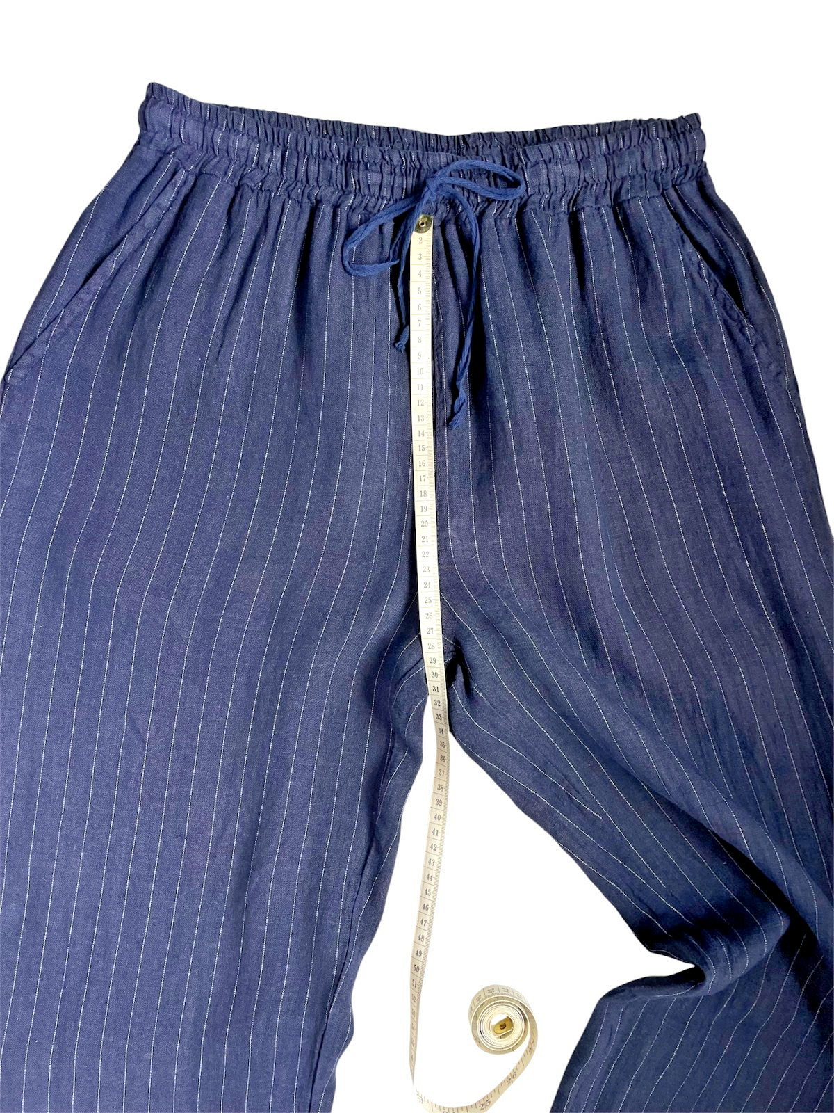 Sorbet Italy 100% Linen Pants L XL Blue Pinstripe Wide Leg Elastic Waist