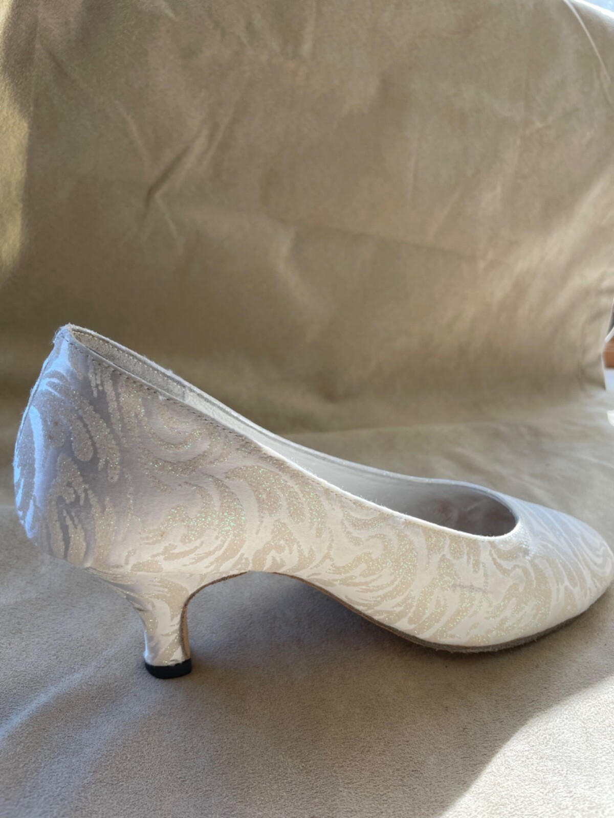 White Silk Damask Bridal or Ballroom or Theatre Dance Shoes by “Celebrity”
