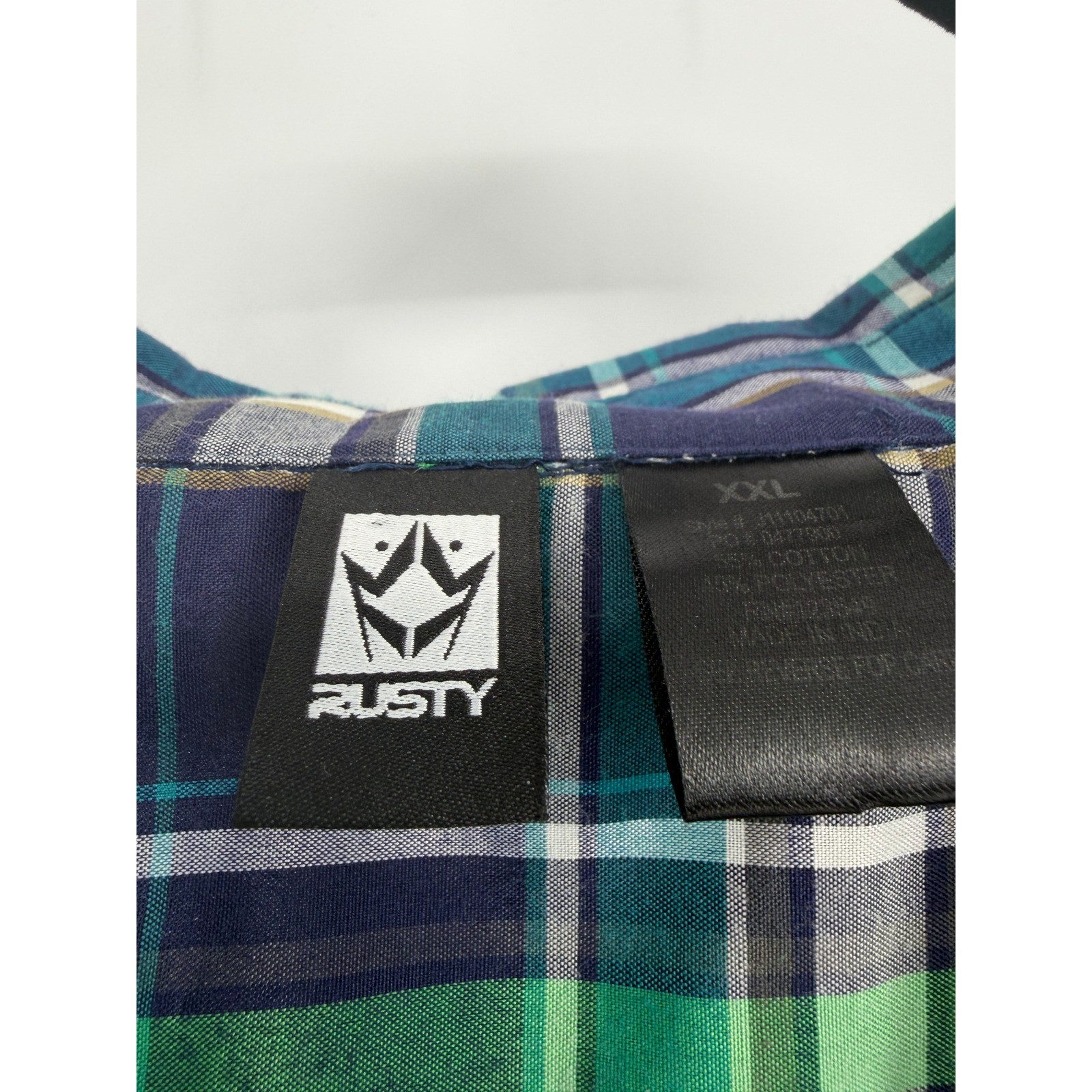 Rusty Mens XXL Short Sleeve Plaid Button Down Shirt Green Blue Surf J11104701