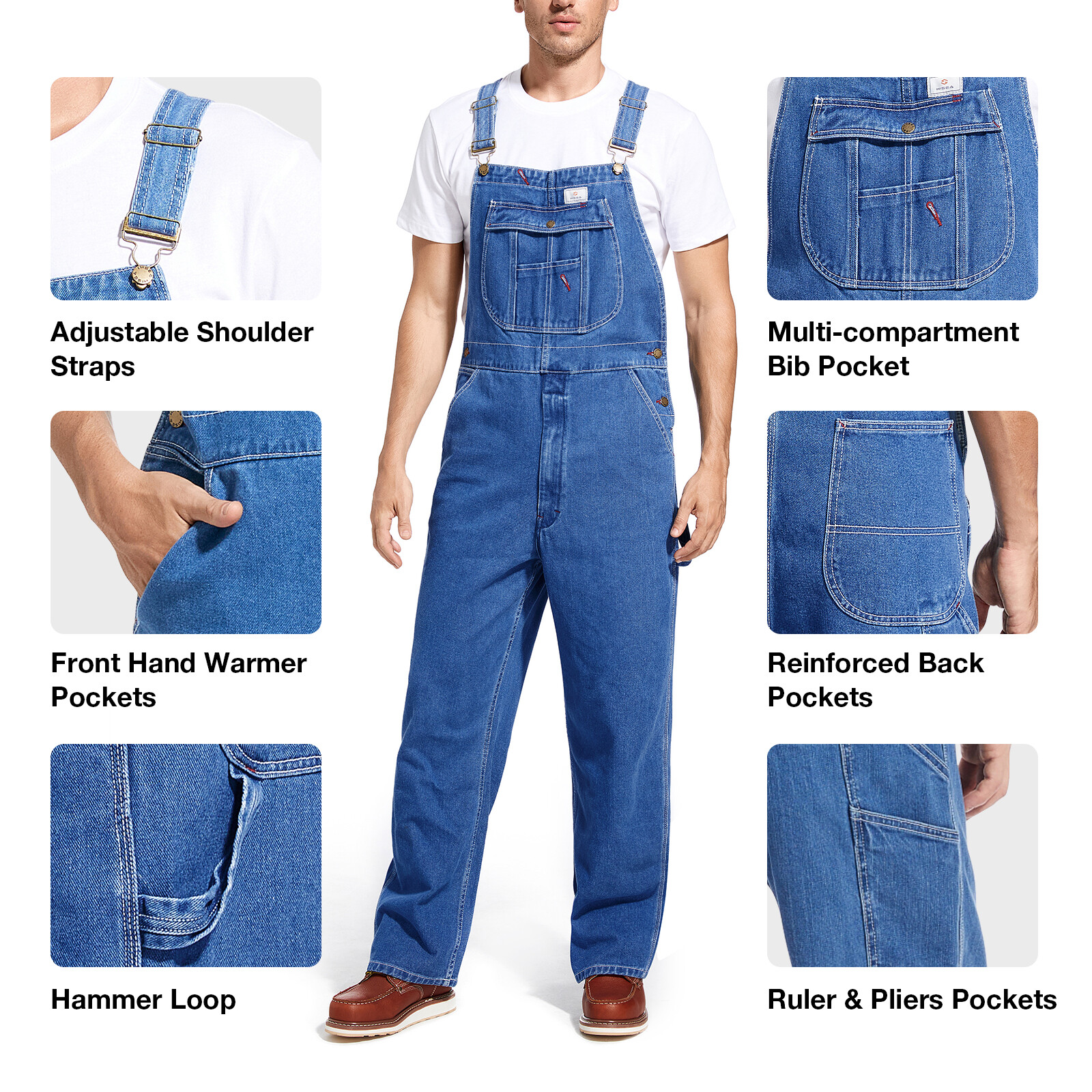 HISEA Men’s Bib and Brace Carpenter Overalls Dungarees Heavy Duty Workwear Jeans