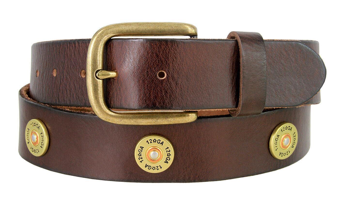 Men’s Belt 12 Gauge Shotgun Shell Full Grain Genuine Leather Belt 1-1/2″ Wide