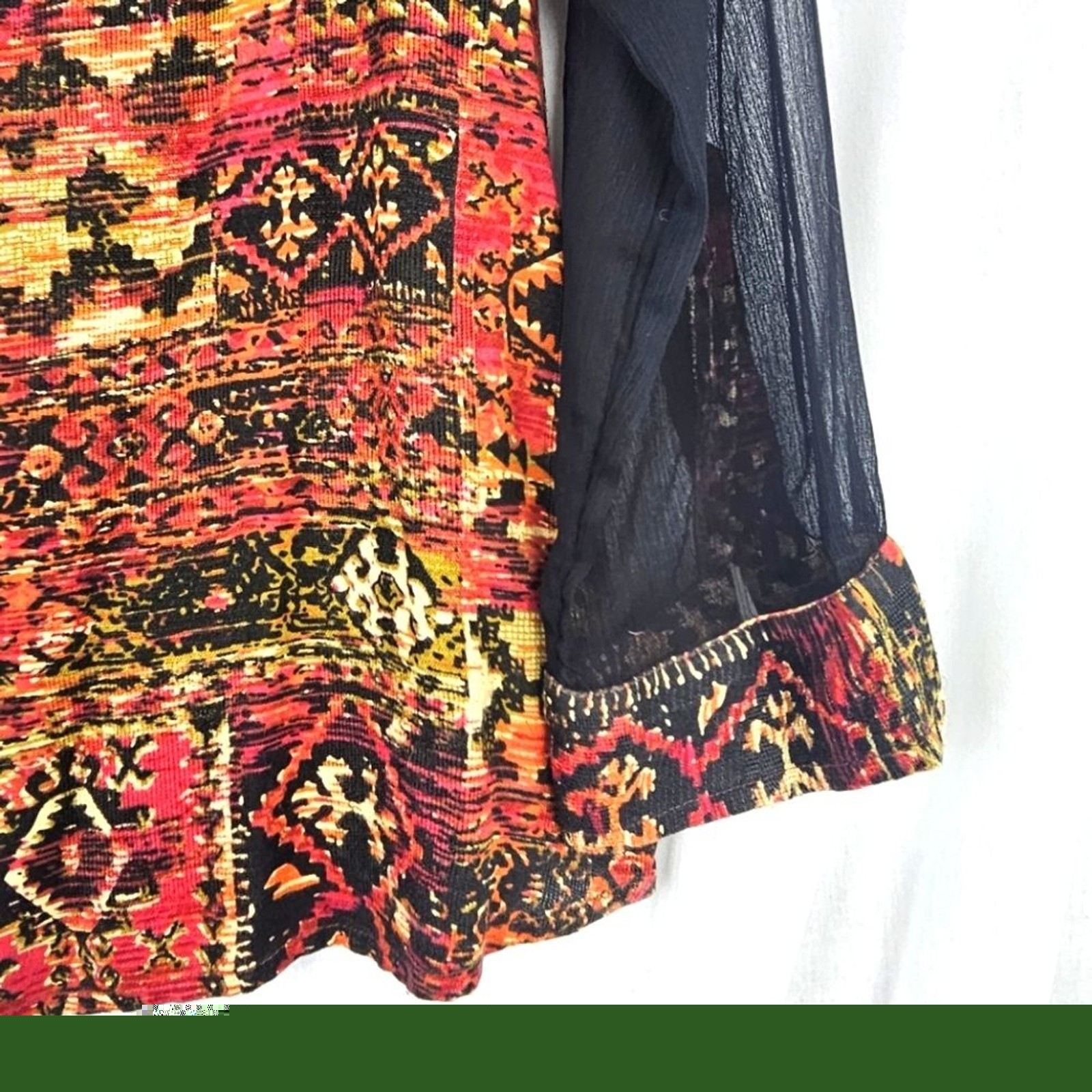 Soft Surroundings Shirt Red Black Aztec Sheer Black Sleeves Women’s Size Medium