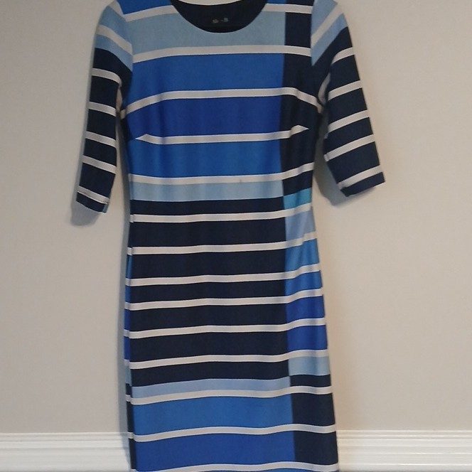 Alexa B Blue/Navy/White Striped Round Neck 3/4 Sleeve Sheath Dress 6
