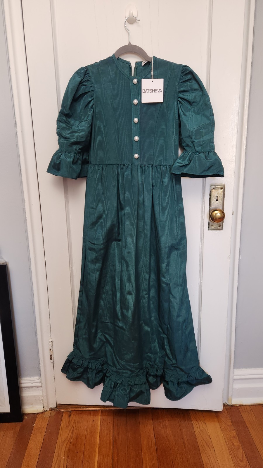 Batsheva Teal Short Sleeve Long Maxi Ruffle Dress Pearl Buttons Size 2