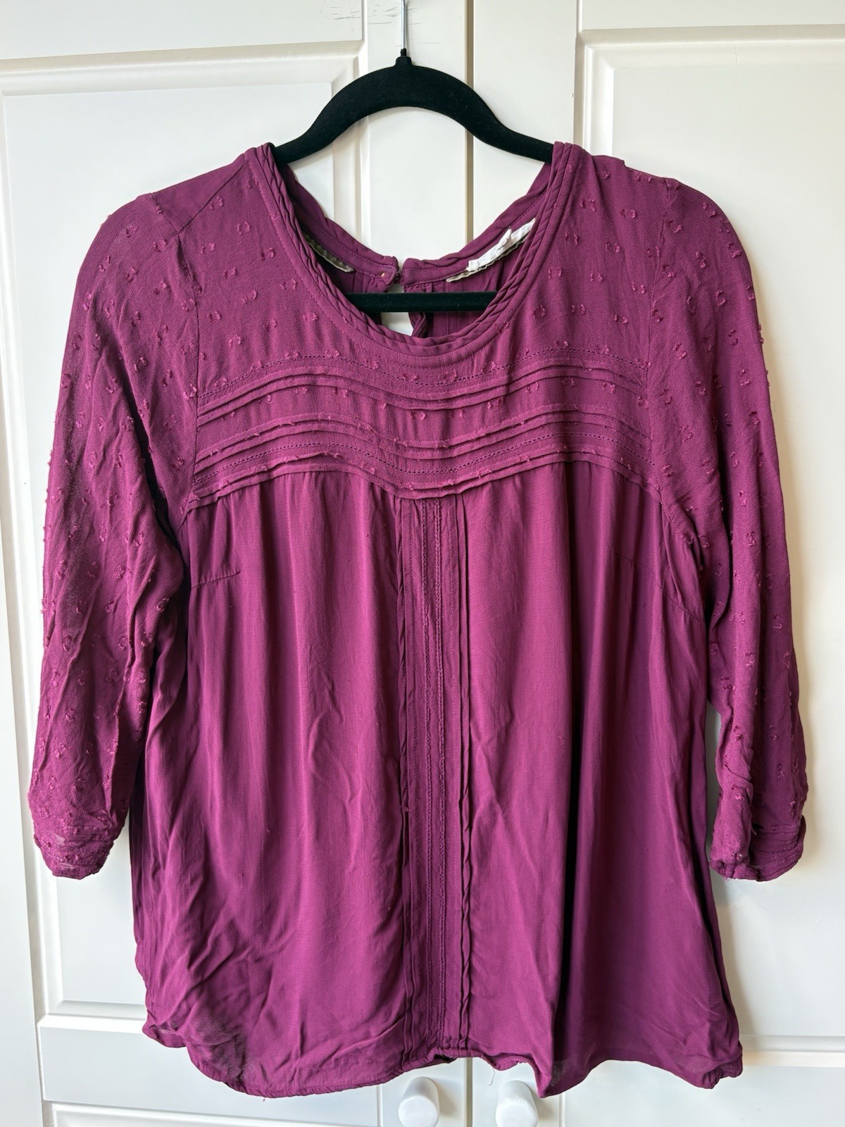 White Stuff Top UK 14 Purple Plum Textured Smock Blouse 3/4 Sleeve Pleated