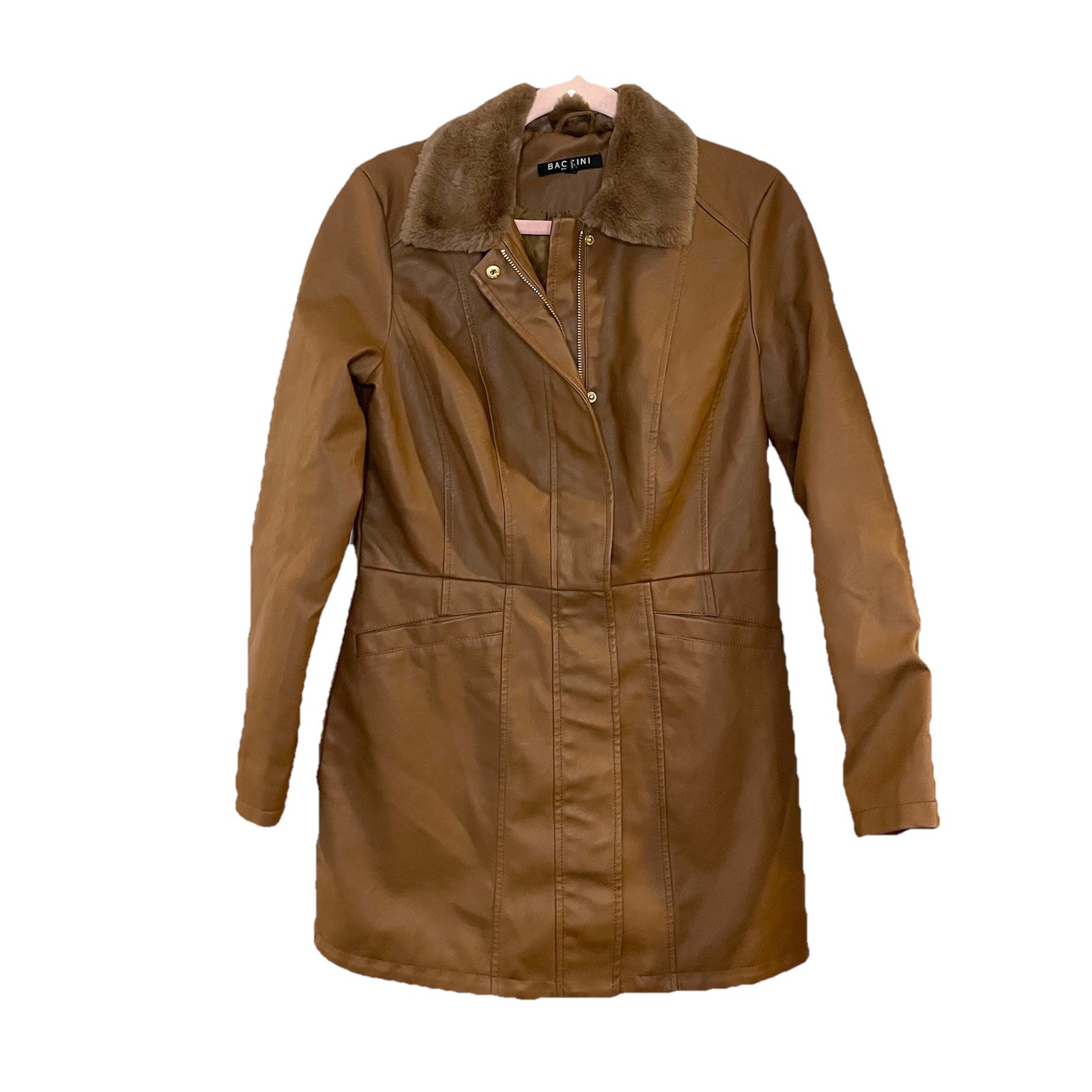 Baccini Women’s Brown Faux Leather Fur Collar Jacket Long Retro Penny Lane Style