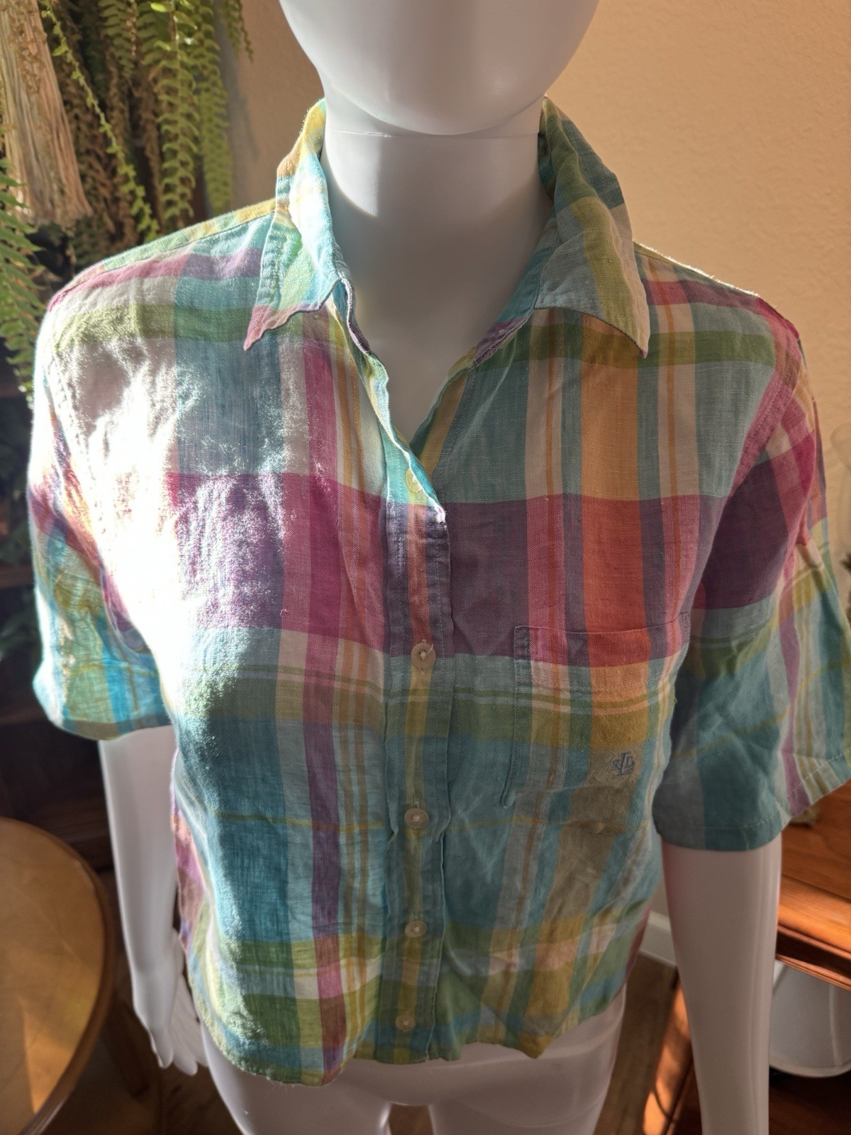 Ralph Lauren Linen Cropped Preppy Button Up Size Small Plaid