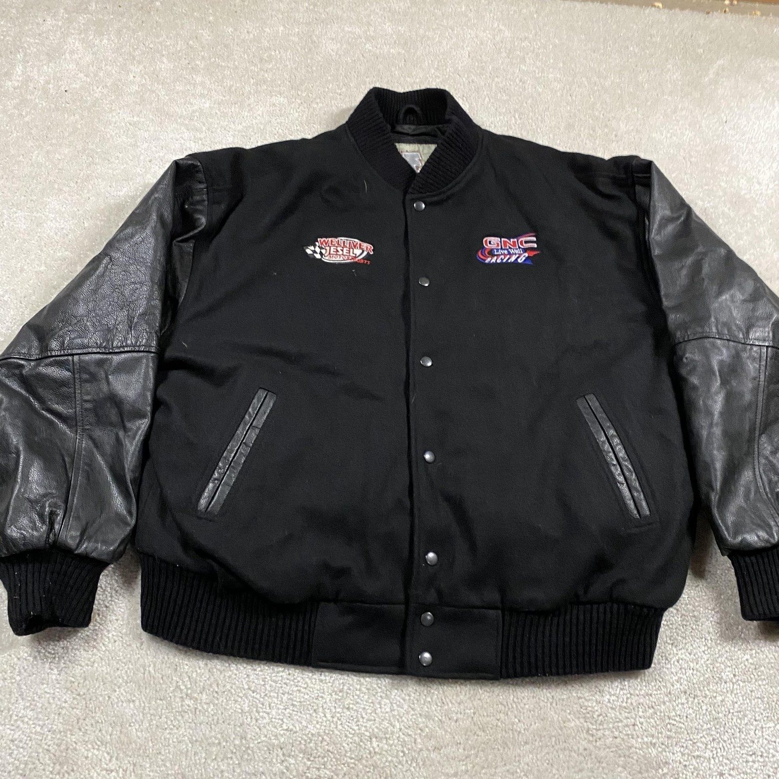 VTG Varsity Bomber Jacket Mens 2XL Black Wool Leather Racing GNC Racing 90s