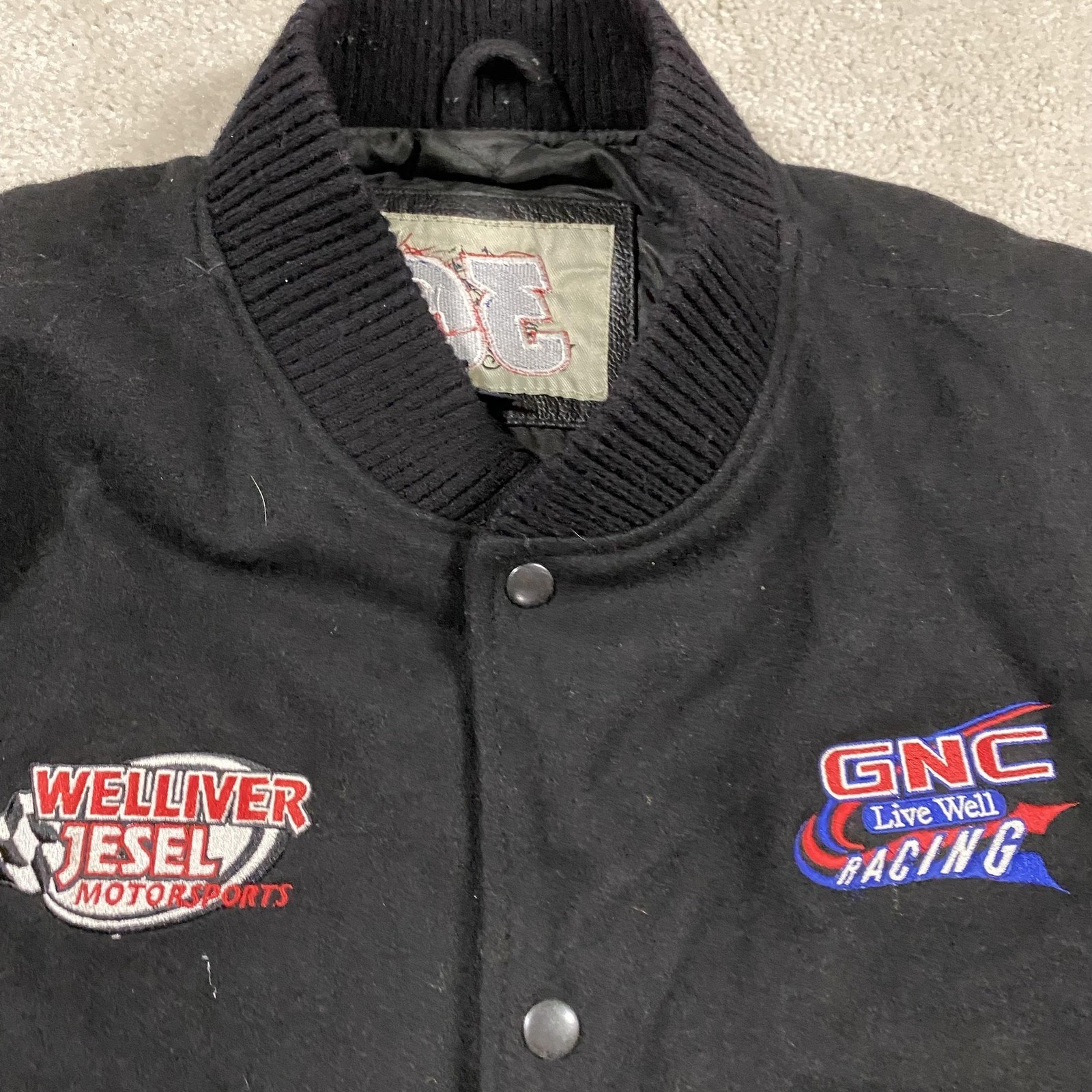 VTG Varsity Bomber Jacket Mens 2XL Black Wool Leather Racing GNC Racing 90s