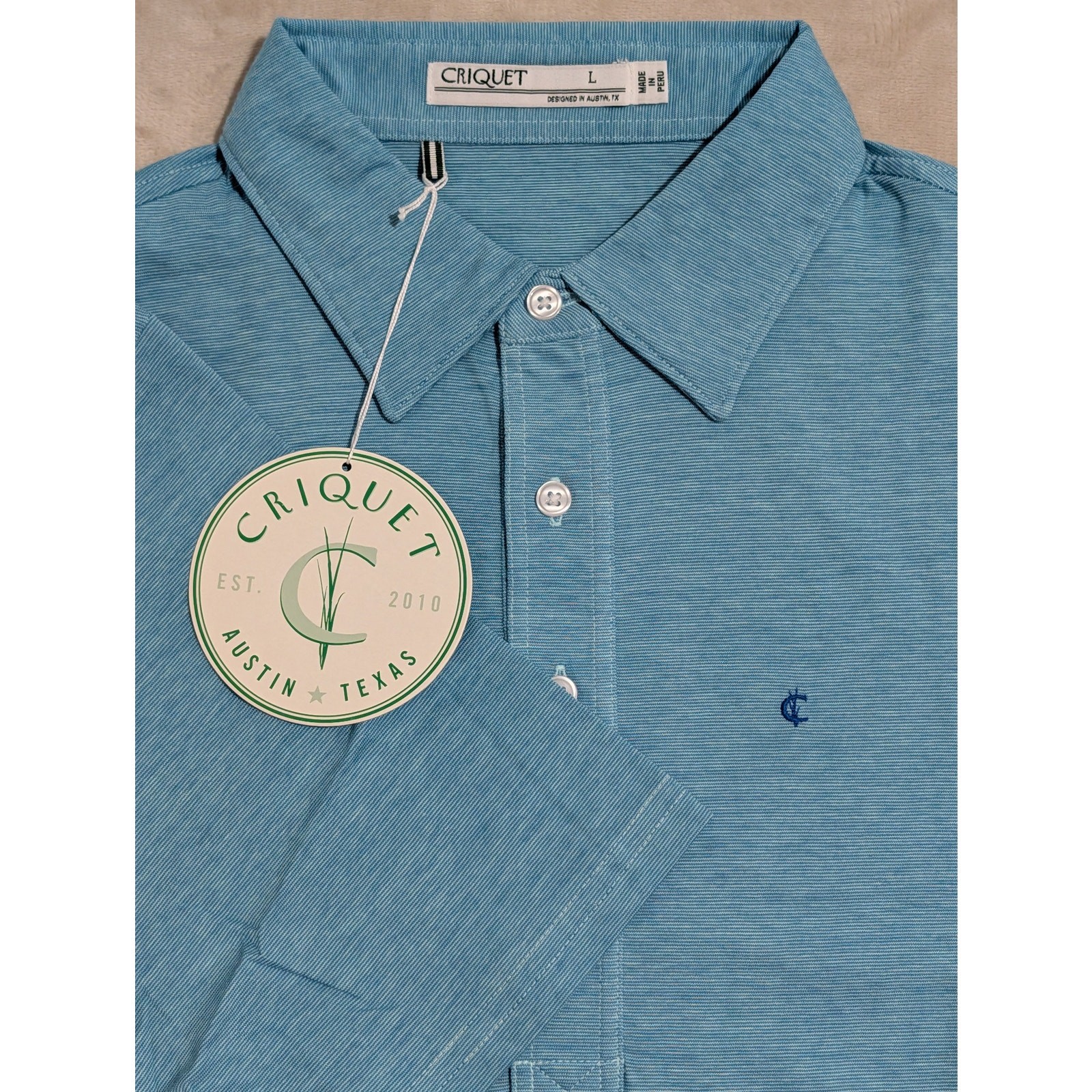 Criquet Men’s Players Polo Shirt Blue Heathered Large Organic Cotton Golf NWT