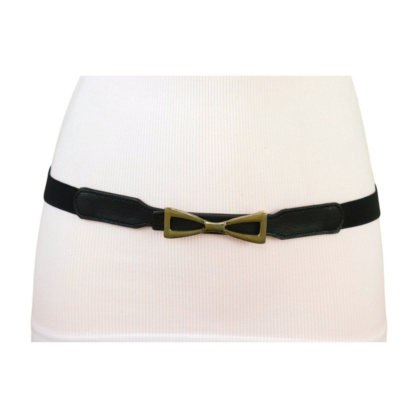 Women Black Elastic Strap Narrow Belt Rusty Gold Metal Bow Tie Ribbon Buckle S M