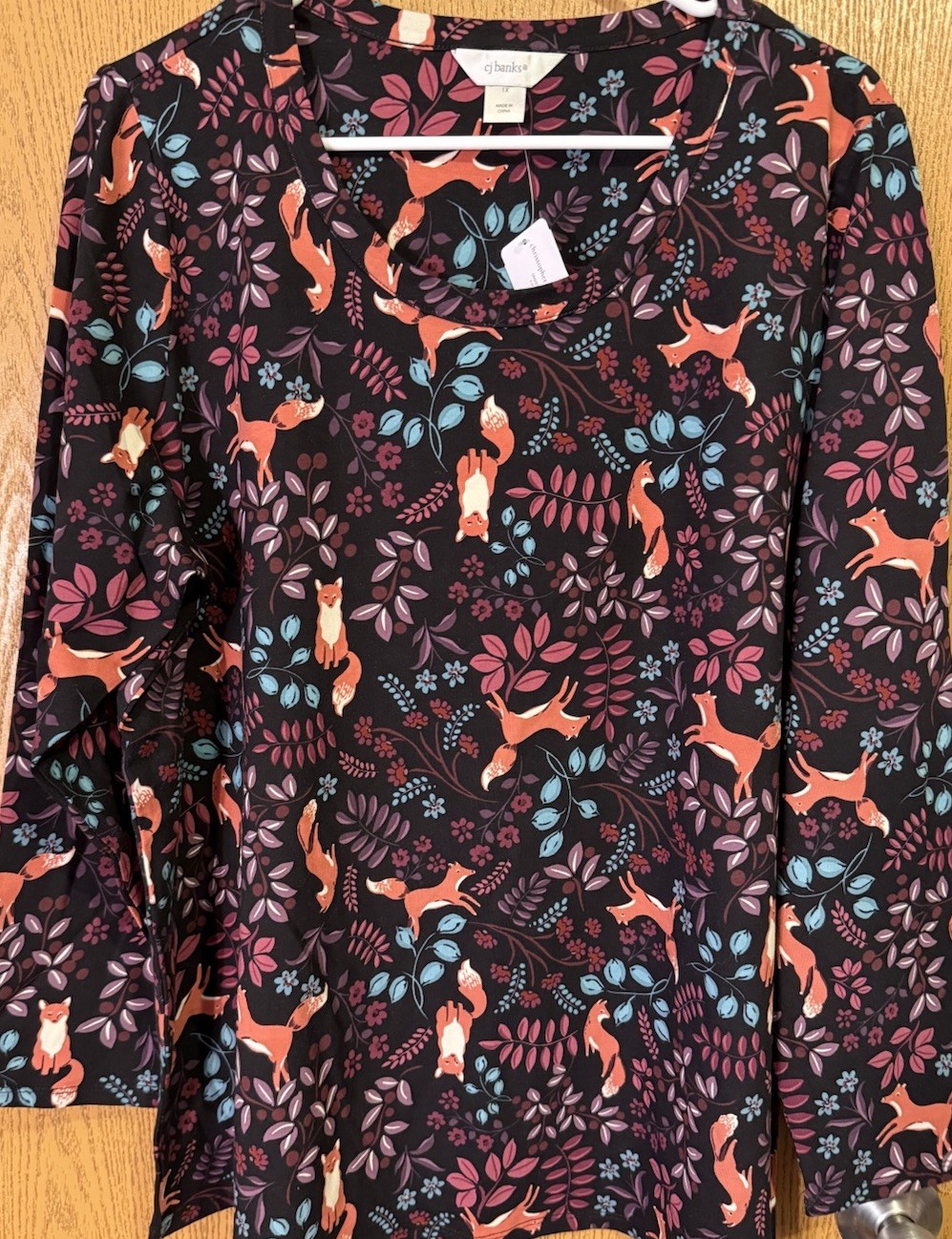 CJ Banks 1X Fox Print Blouse Women Plus Size Floral Animal Top NWT