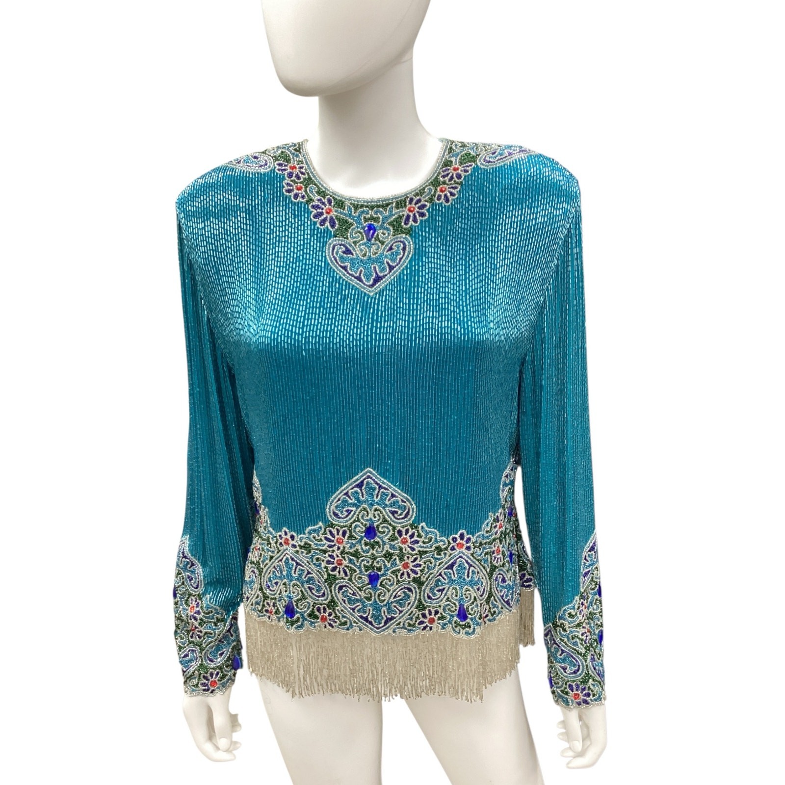 VTG Nadeem Khan For Saks Fifth Avenue Top Women’s SZ M Totally Beaded Turquoise