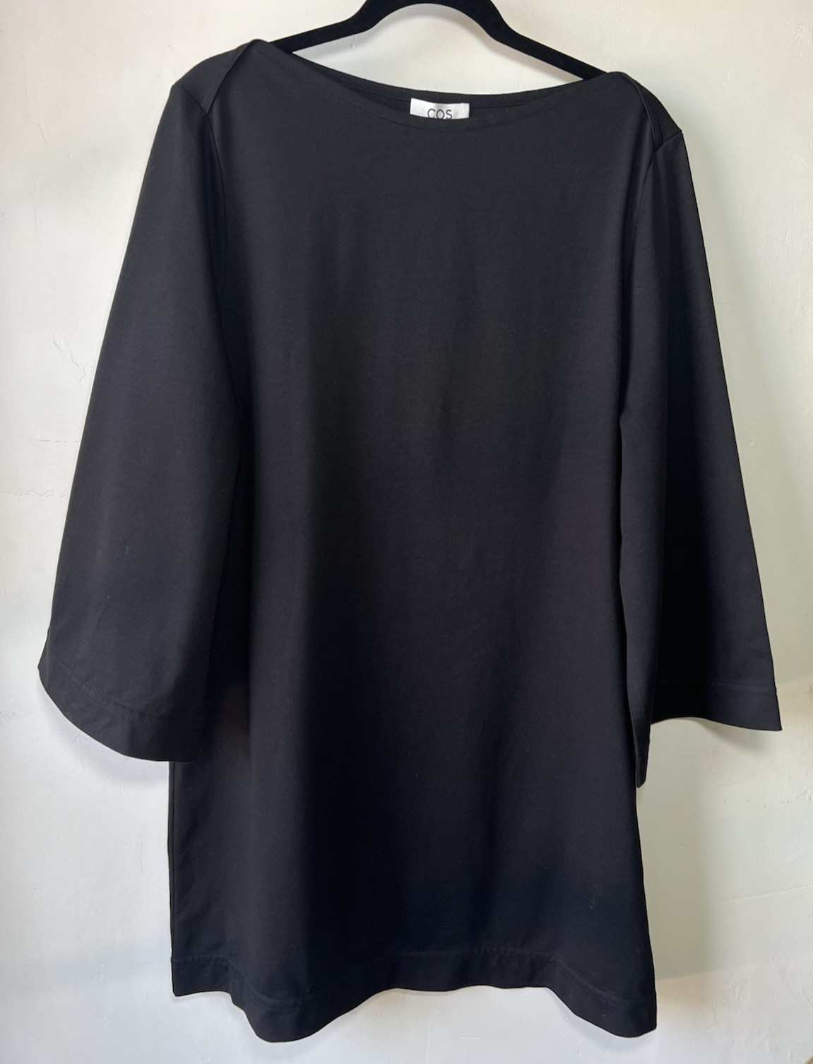 COS Black Organic Cotton Shift Dress M Boat Neck 3/4 Bell Sleeve Minimalist NWT