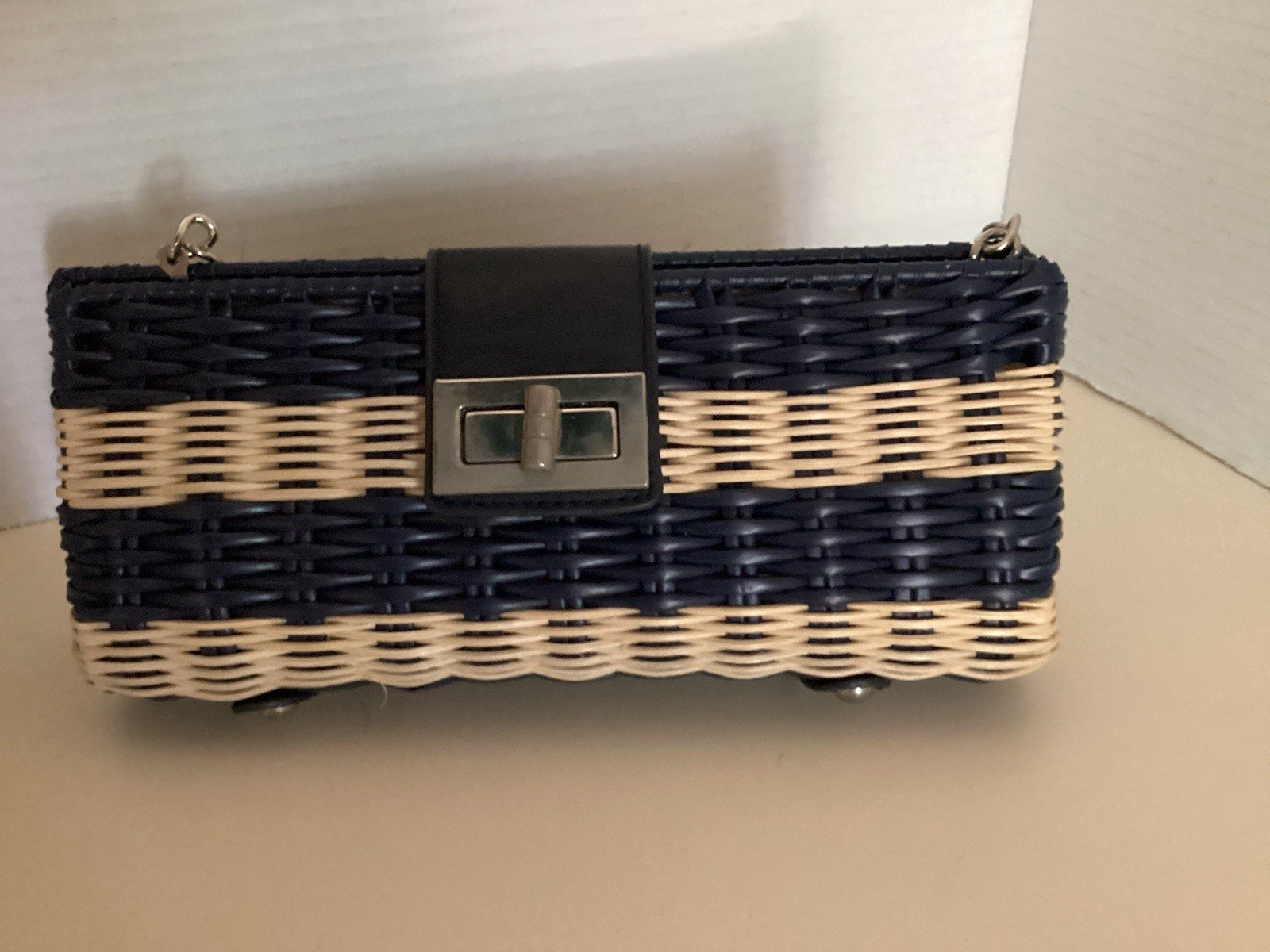 Kelly & Katie Rattan Wicker Handbag NEW Navy Cream Silver