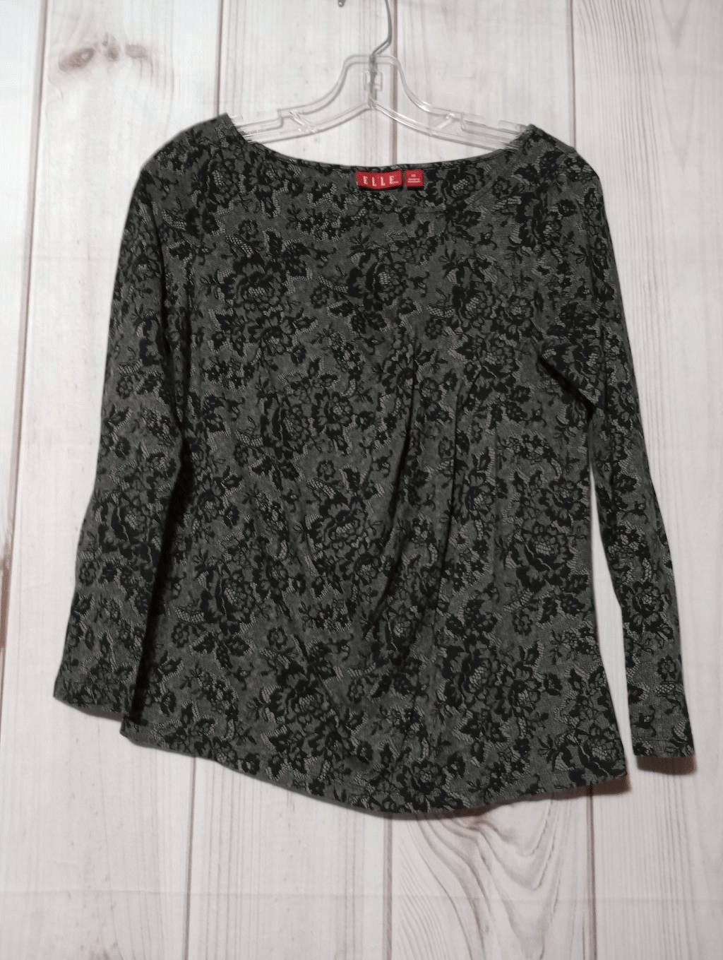 Elle Shirt Ladies Extra Small Black Gray Floral Boat Neck Long Sleeve