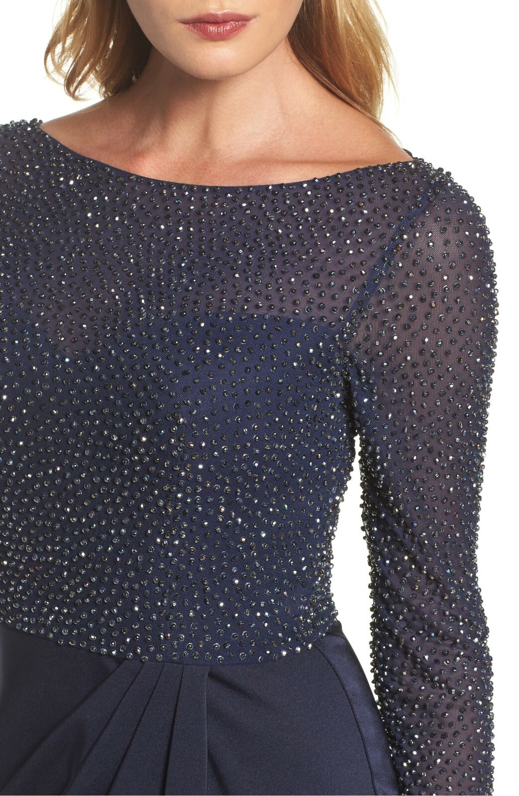 LA FEMME Navy Beaded Embellished Sheer Mesh Bodice Pleated Maxi Gown Dress 8 = M