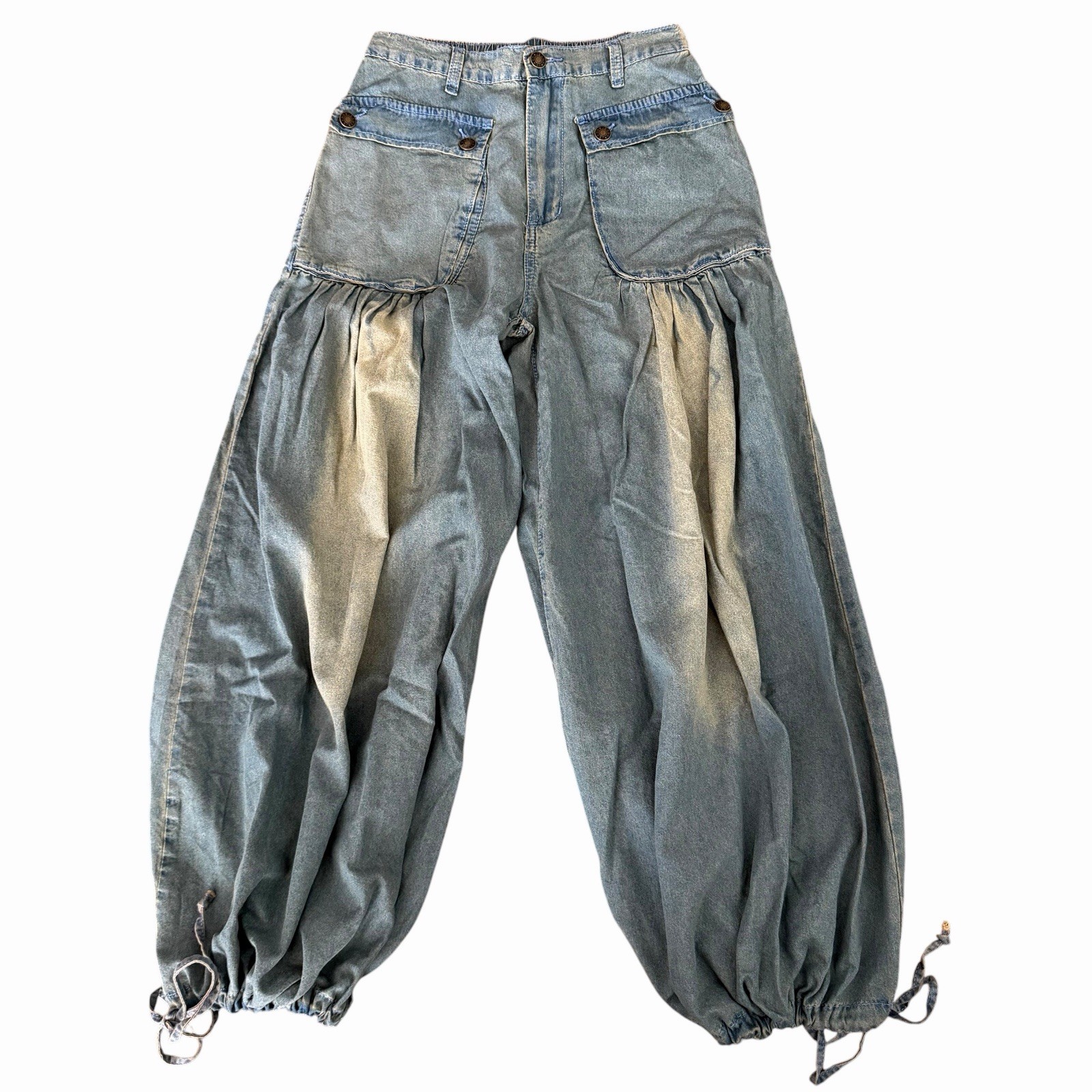 Bohemela Denim Boho Balloon Jeans Sz 26 Bleached Ankle Tie Festival Hippie NIB