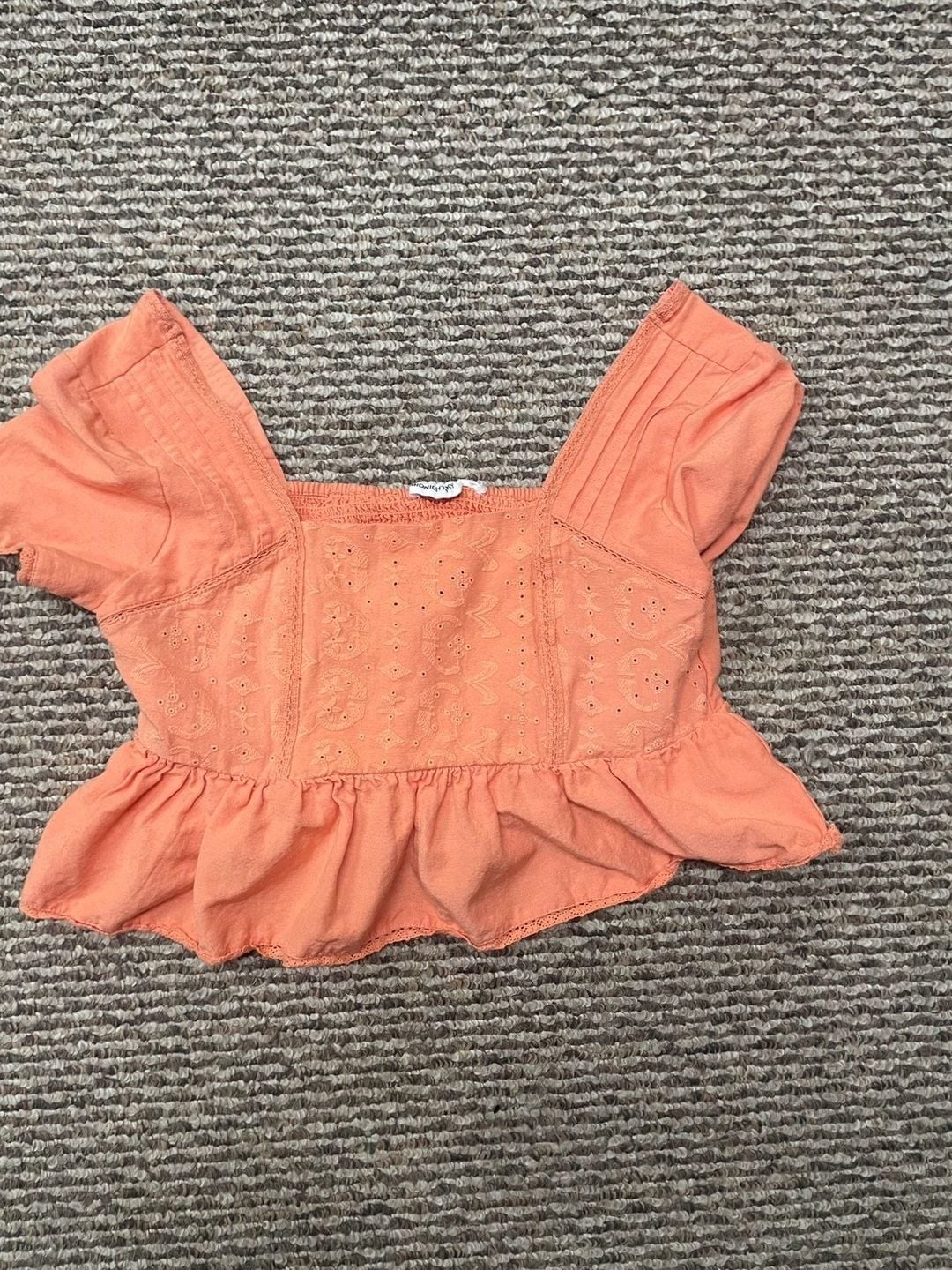 Midnight Sky Orange Embroidered Eyelet Square Neck Peplum Top