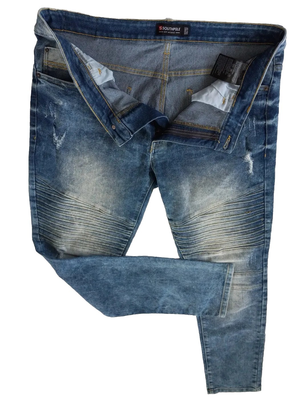 SOUTHPOLE Men’s 38X32 Ripped Pleated Style Denim Jeans Inseam 31in Smoky Blue