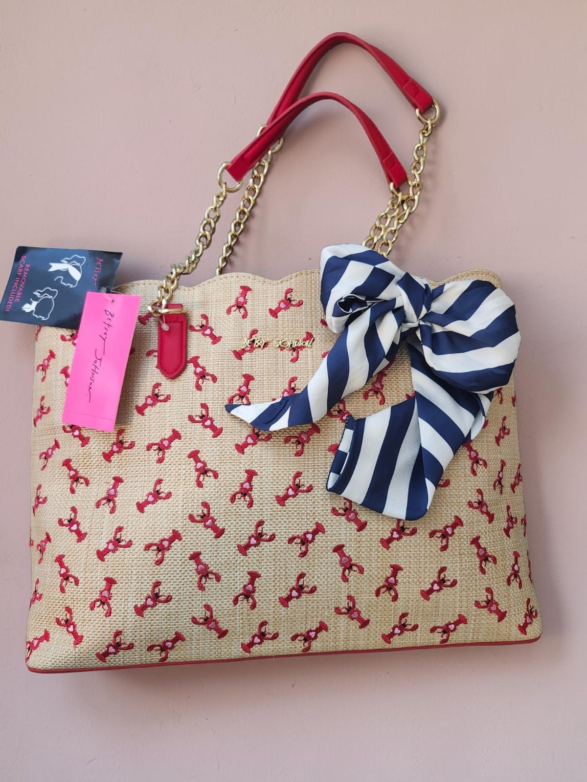 Betsey Johnson Lobster Print Straw Tote Beach Bag Scalloped Edges w/ Scarf New
