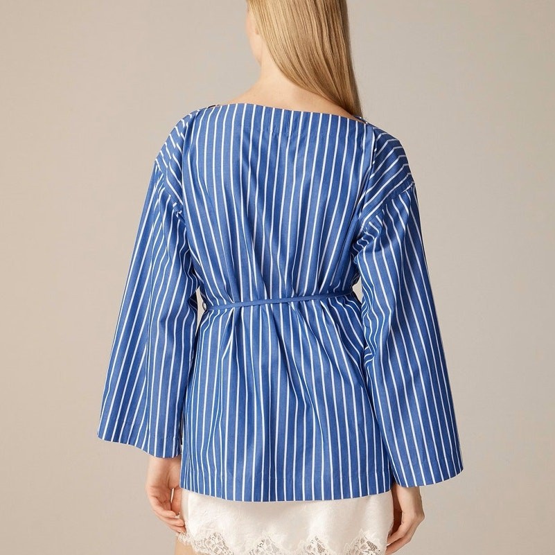 J.Crew Ciel Top WMNS L Deep Sea Stripe Poplin Waist Tie Side Button Long Sleeve