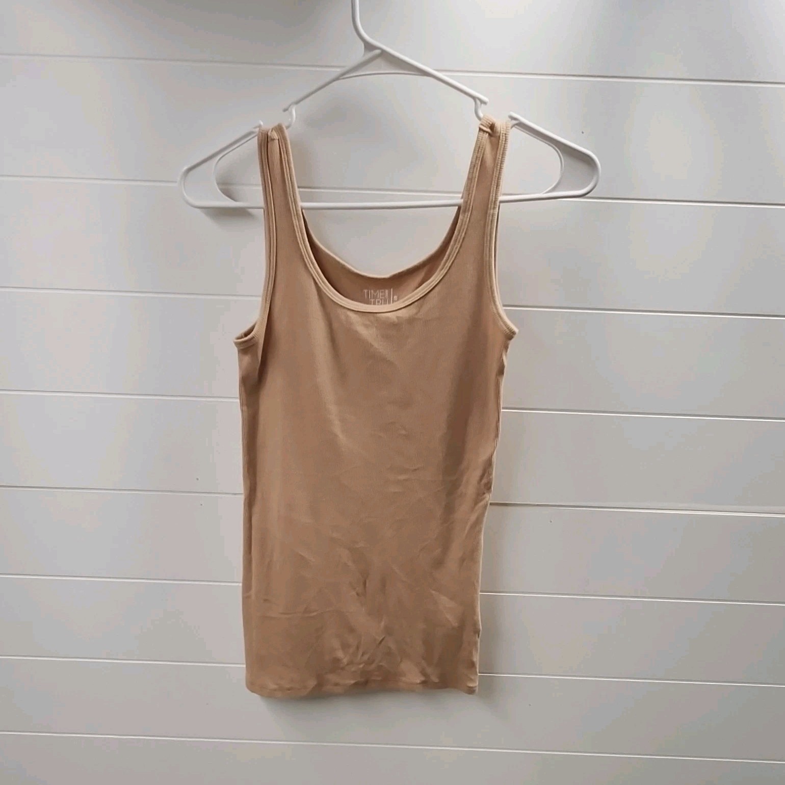 Time and Tru Ribbed Solid Beige Scoop Neck Sleeveless Tank Top Women S (4-6)