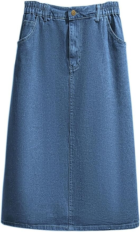 Women’s Summer Casual Elastic Waist Pockets Work Midi Denim A Line Skirt