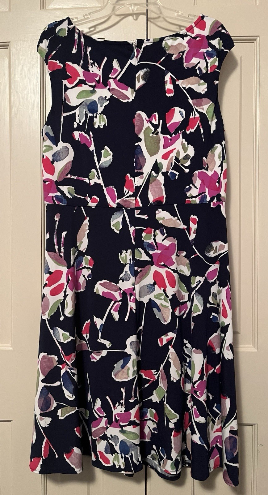 WISP Dress 18W Graphic Floral dk Navy White Pink Green Key-hole neck Cap Sleeves