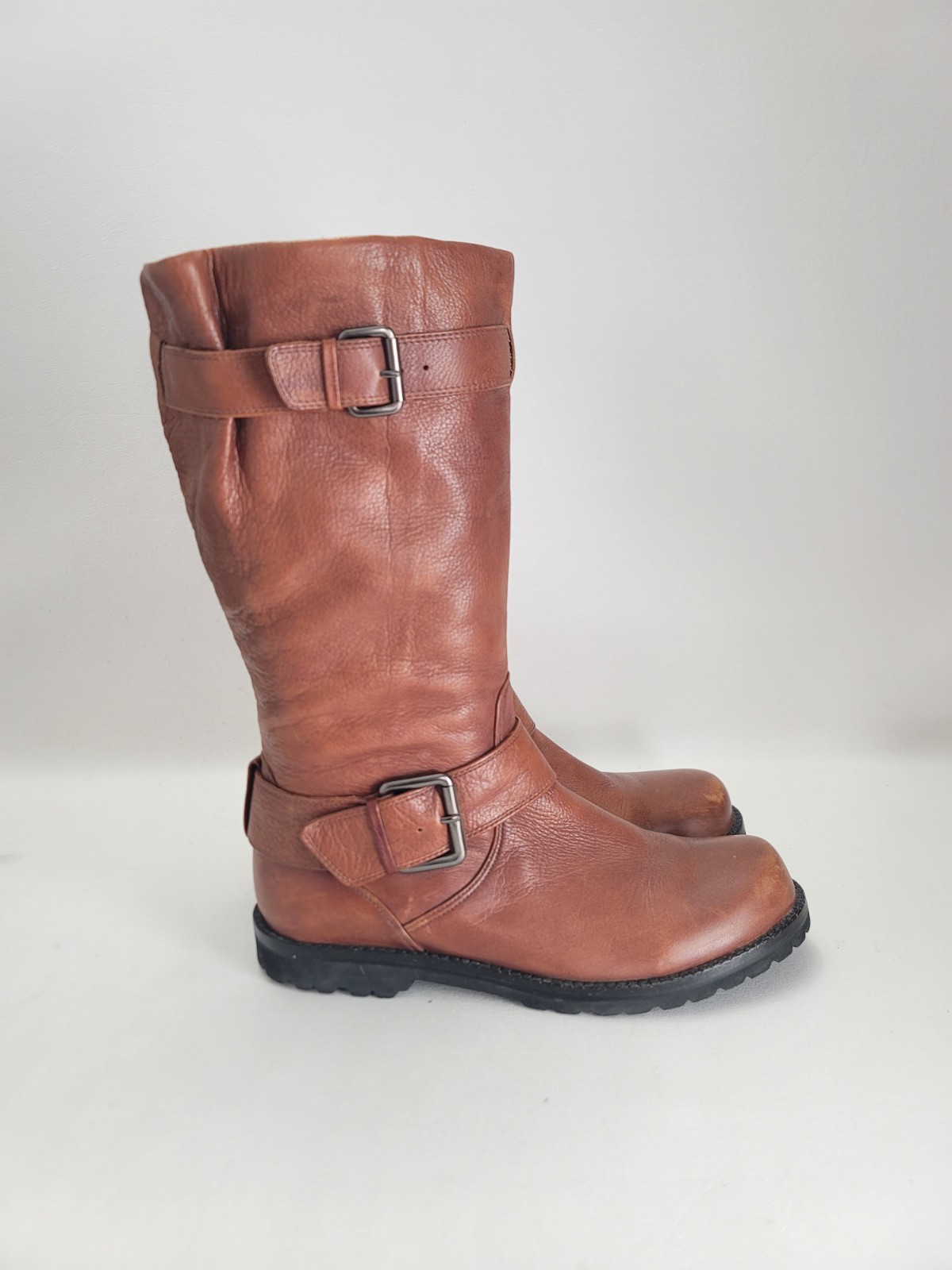 Gentle Souls Brown Camden Moto Double Buckled Up Pebbled Leather Boots Size 8.5