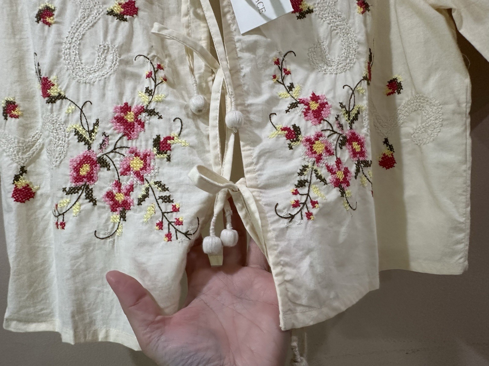 NWT Jennifer Grace Cream Tie Top Floral Embroidered Cottagecore Boho Womens S