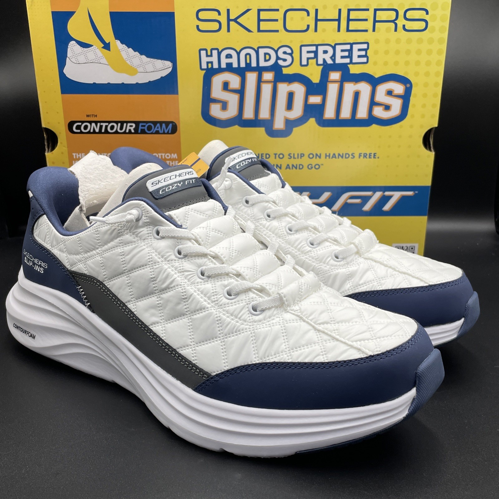 Skechers Contour Foam Cozy Fit Mens Size 13 Wide White Navy Shoes NEW