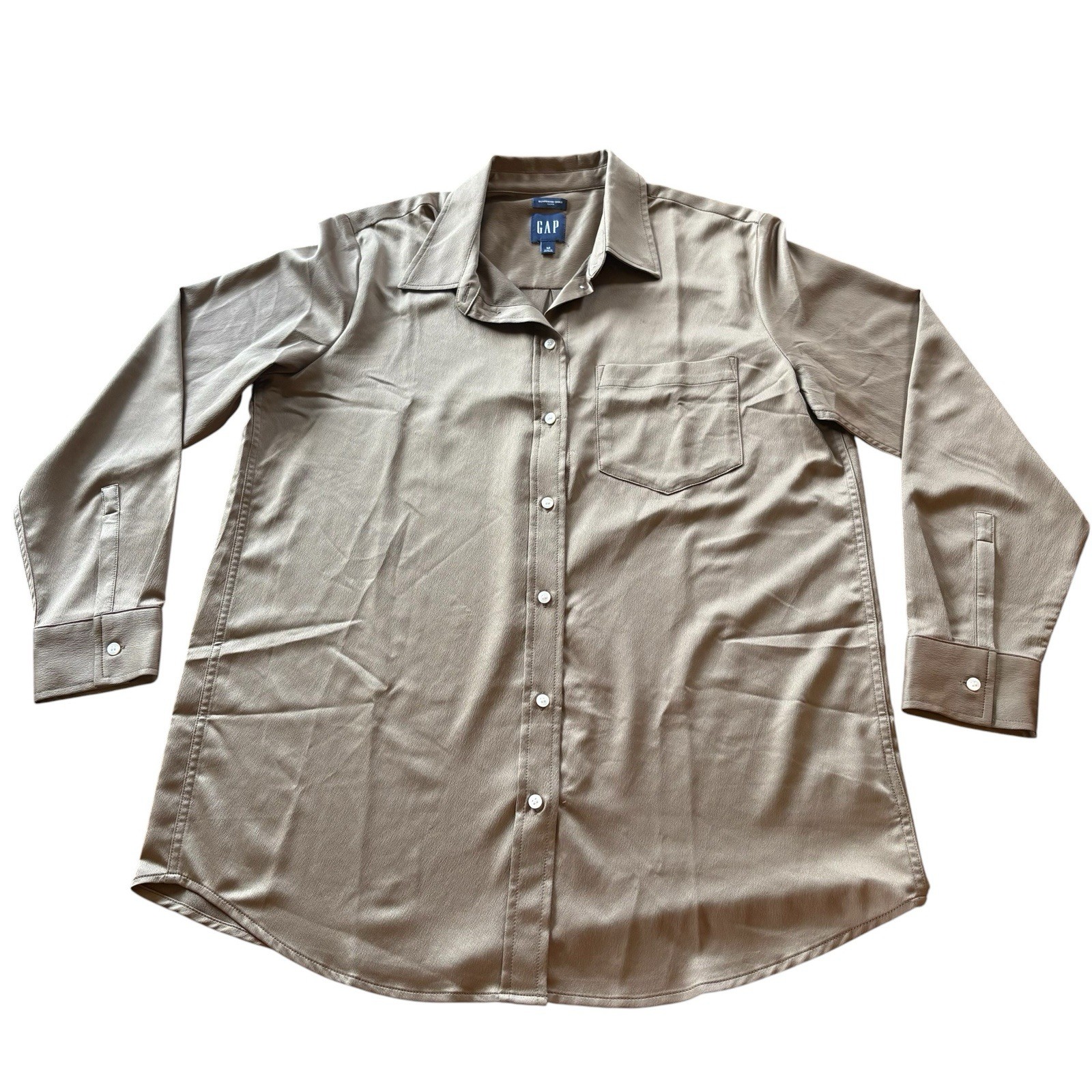 GAP Satin Button Down Long Sleeve Boyfriend Shirt Top Taupe Brown Sz Medium