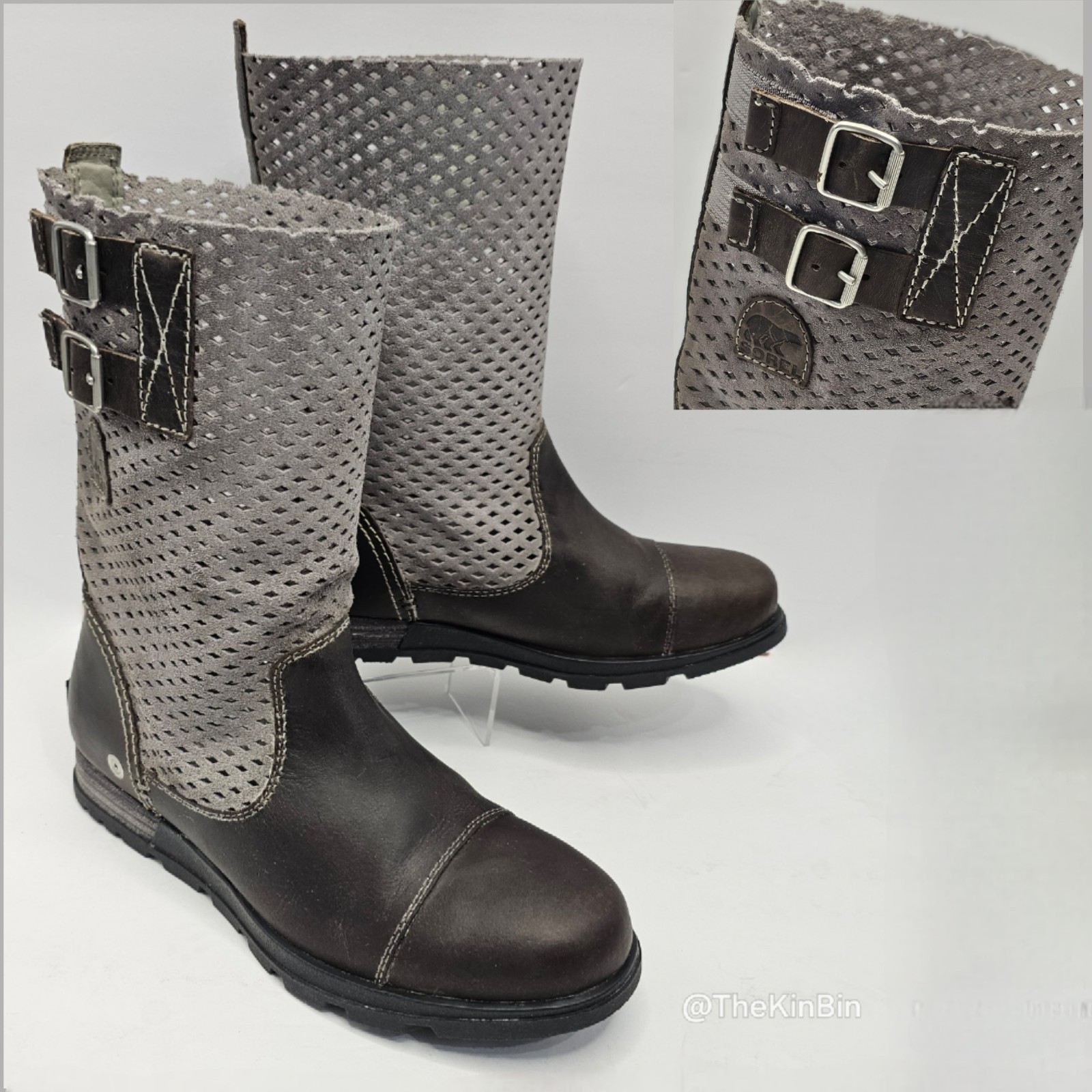 Sorel Major Moto 7.5 Laser Cut Taupe Grey Perforated Distressed Leather Boot