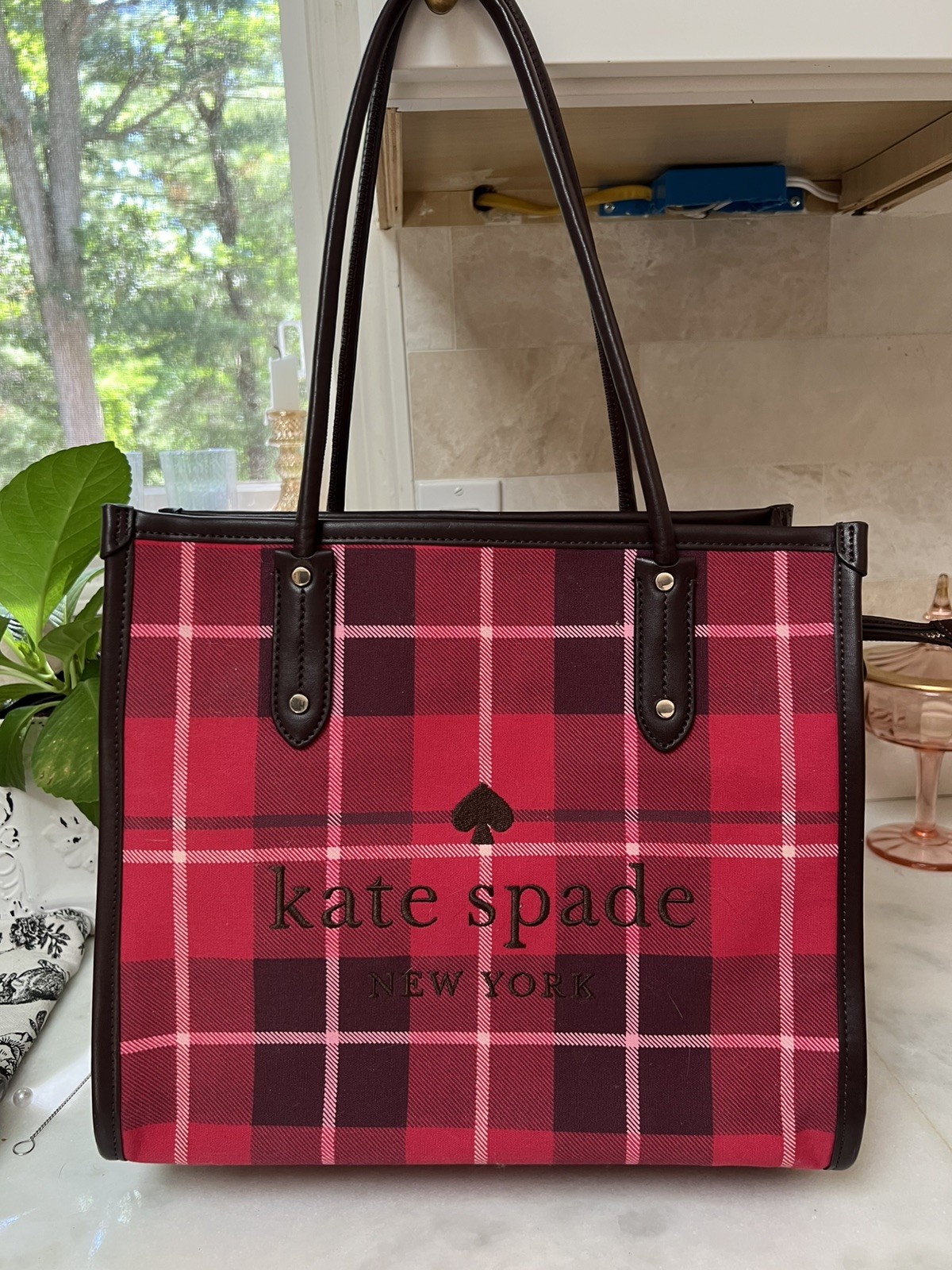 KATE SPADE PLAID TOTE BAG “ELLA” BRIGHT ROSE RED W/ BLACK LETTERING PURSE