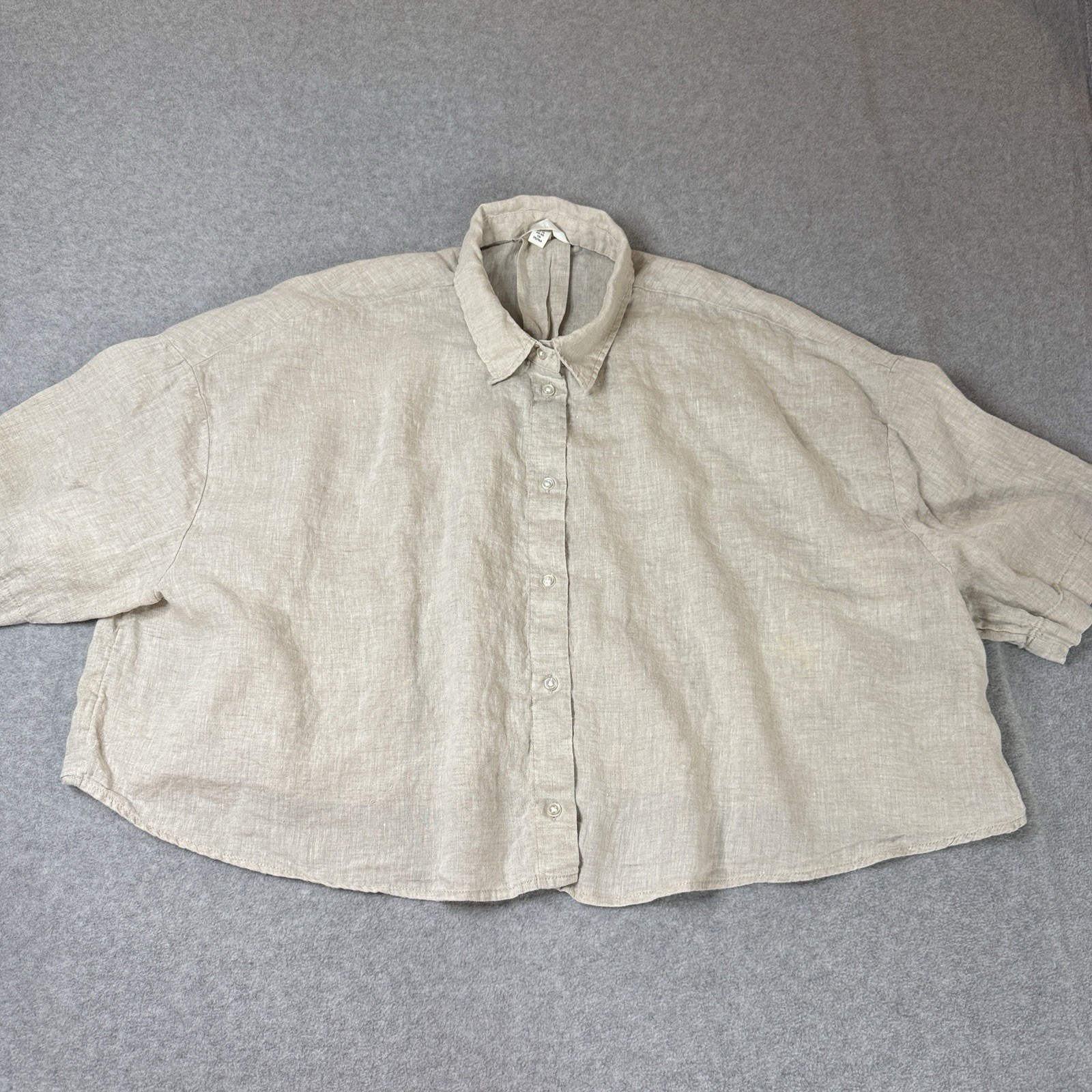 H&M 100% Linen Button Front Shirt Womens XL Beige Oversized Boxy Short Sleeve