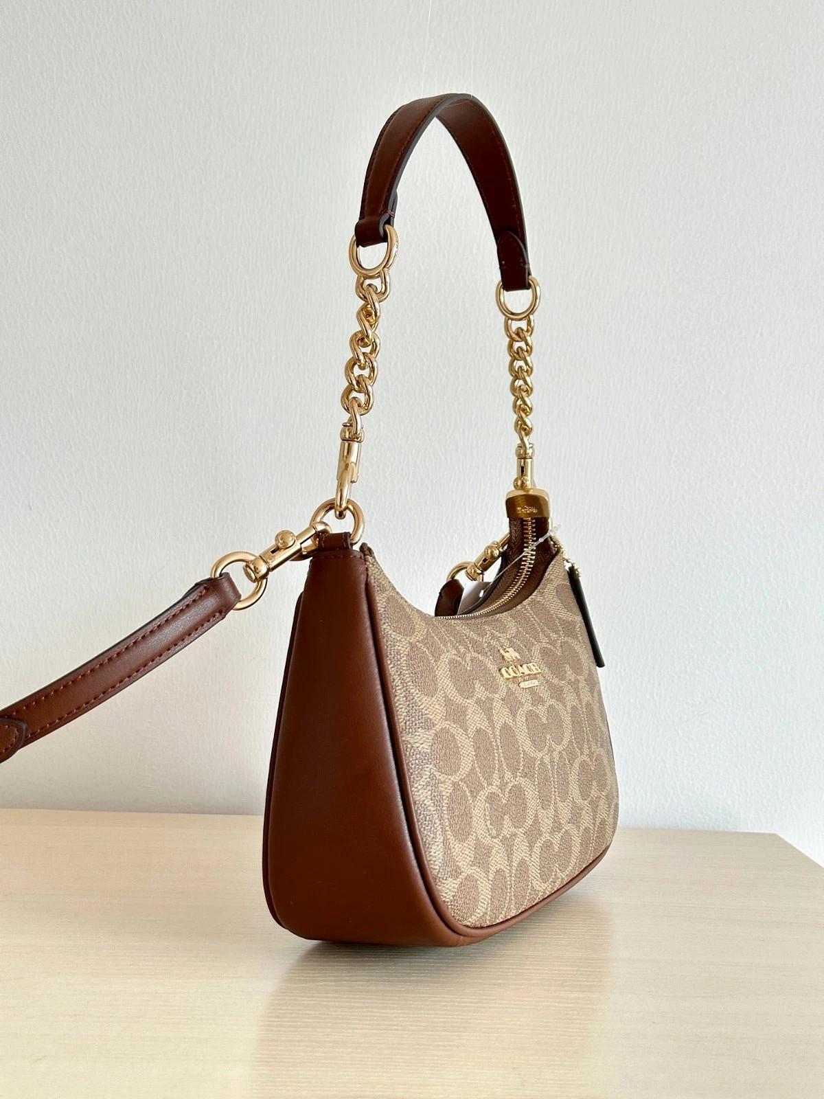 COACH Teri Shoulder Bag In Signature Canvas Gold/Tan/Brown New