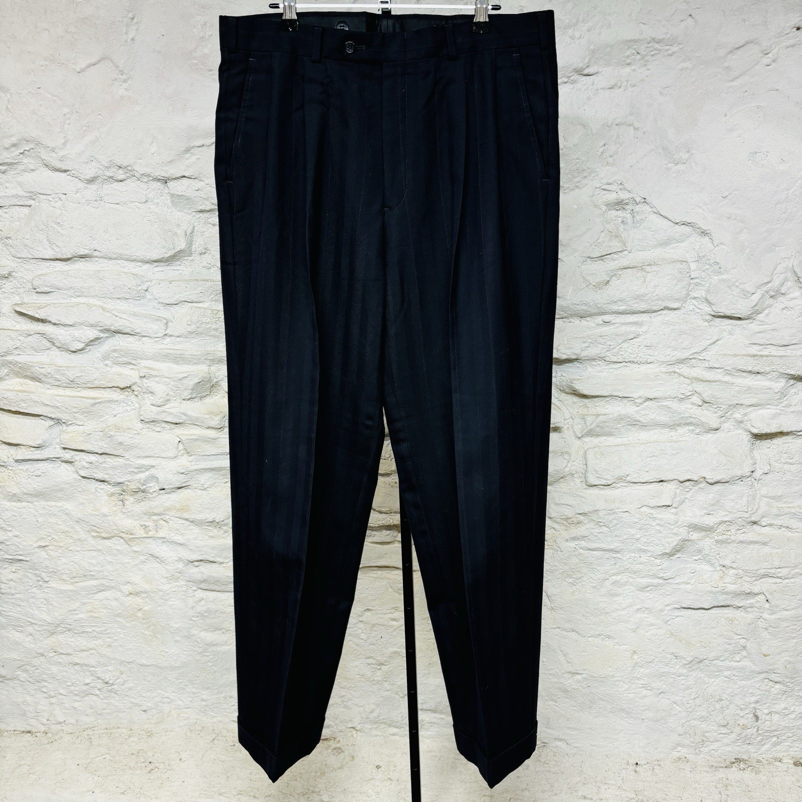 Burberry’s Striped Navy Double Breasted Wool 2-Piece Suit 34×30 Cuffed Pant Vtg