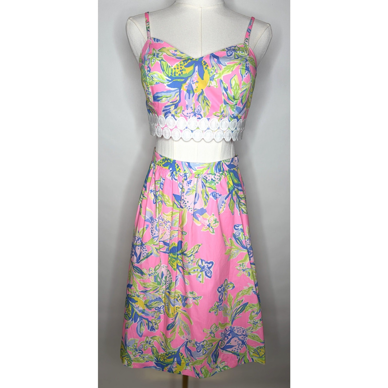 Lilly Pulitzer Pink Tropical Print Two-Piece Crop Top & Midi Skirt Set NWT