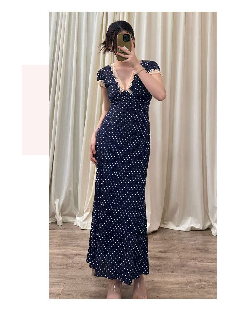 RIXO Womens V Neck Polka Dot Long Maxi Dress Vintage