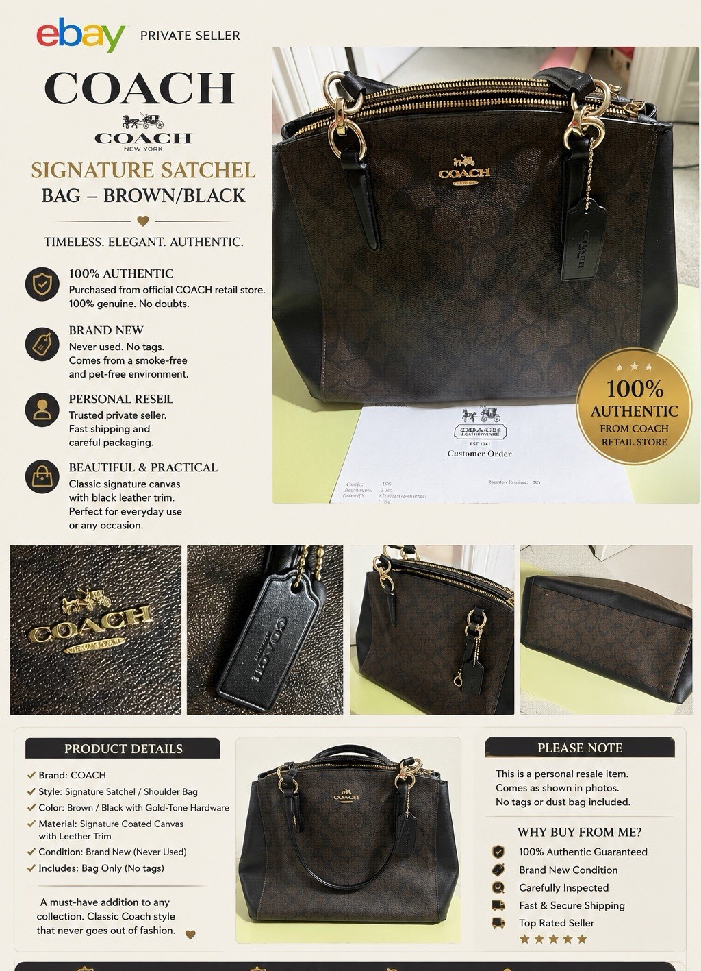 Coach Signature Satchel Brown/Black Zip Closure