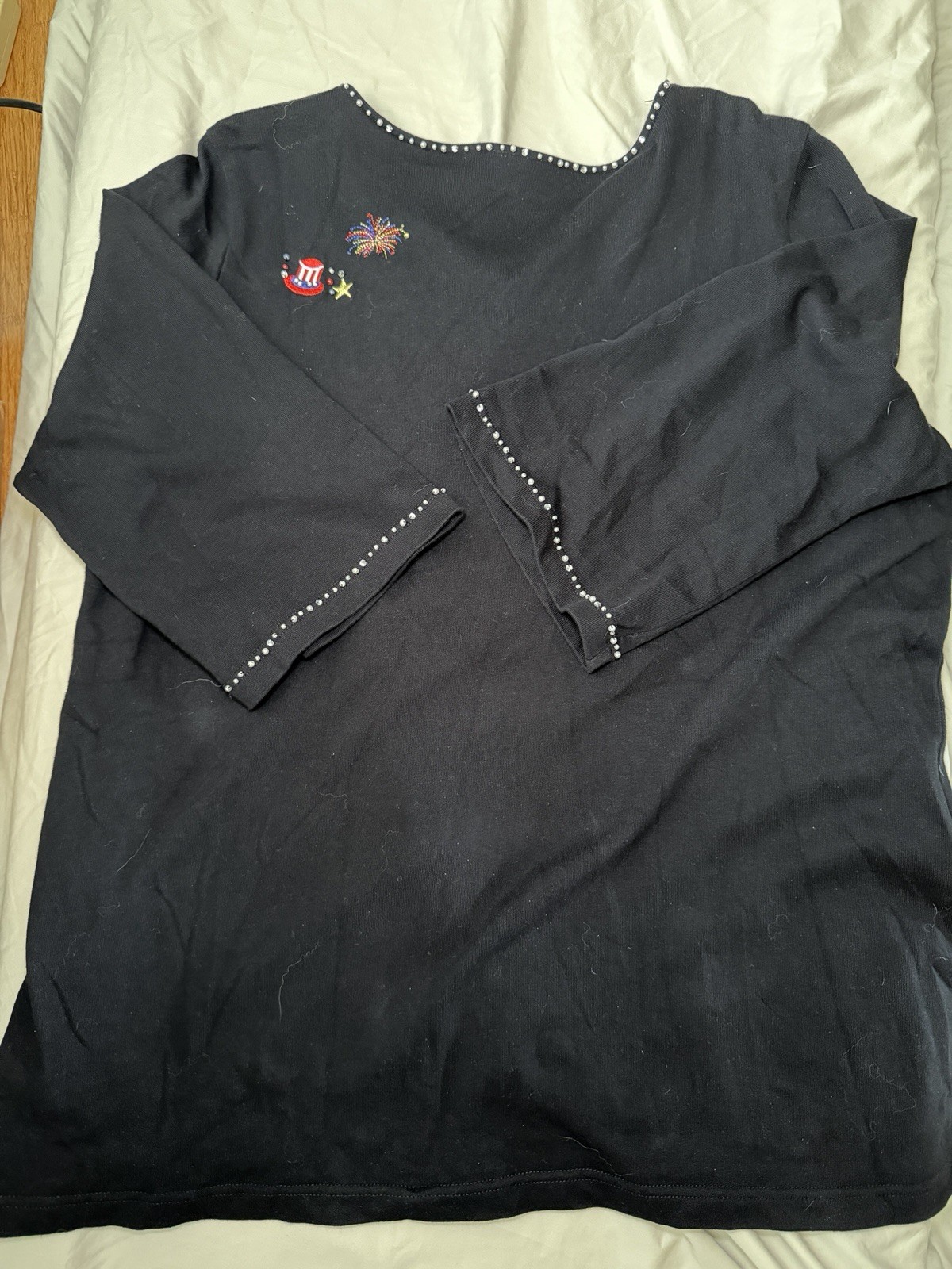 Quacker Factory Patriotic Embroidered Rhinestone Beaded Top Grandma 3/4 Sleeve