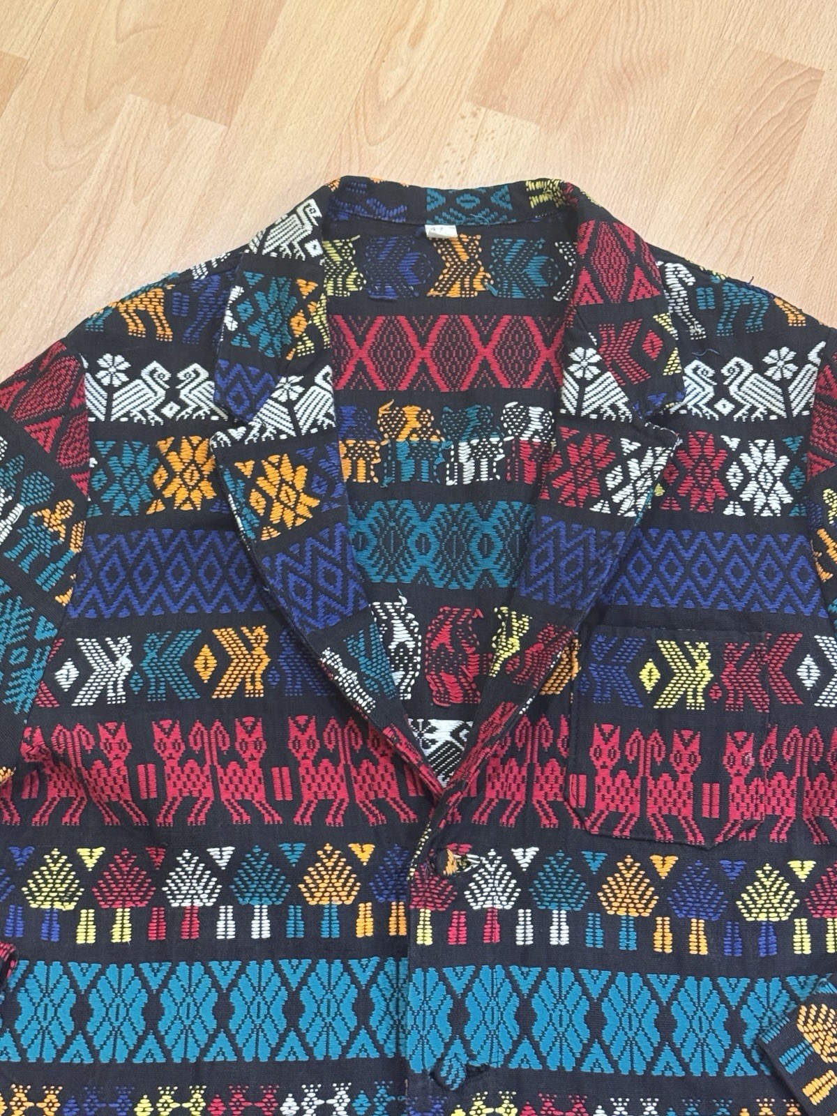 Vintage 70s Guatemalan Handwoven Jacket Men’s M Folk Art Chore Coat Maya Textile
