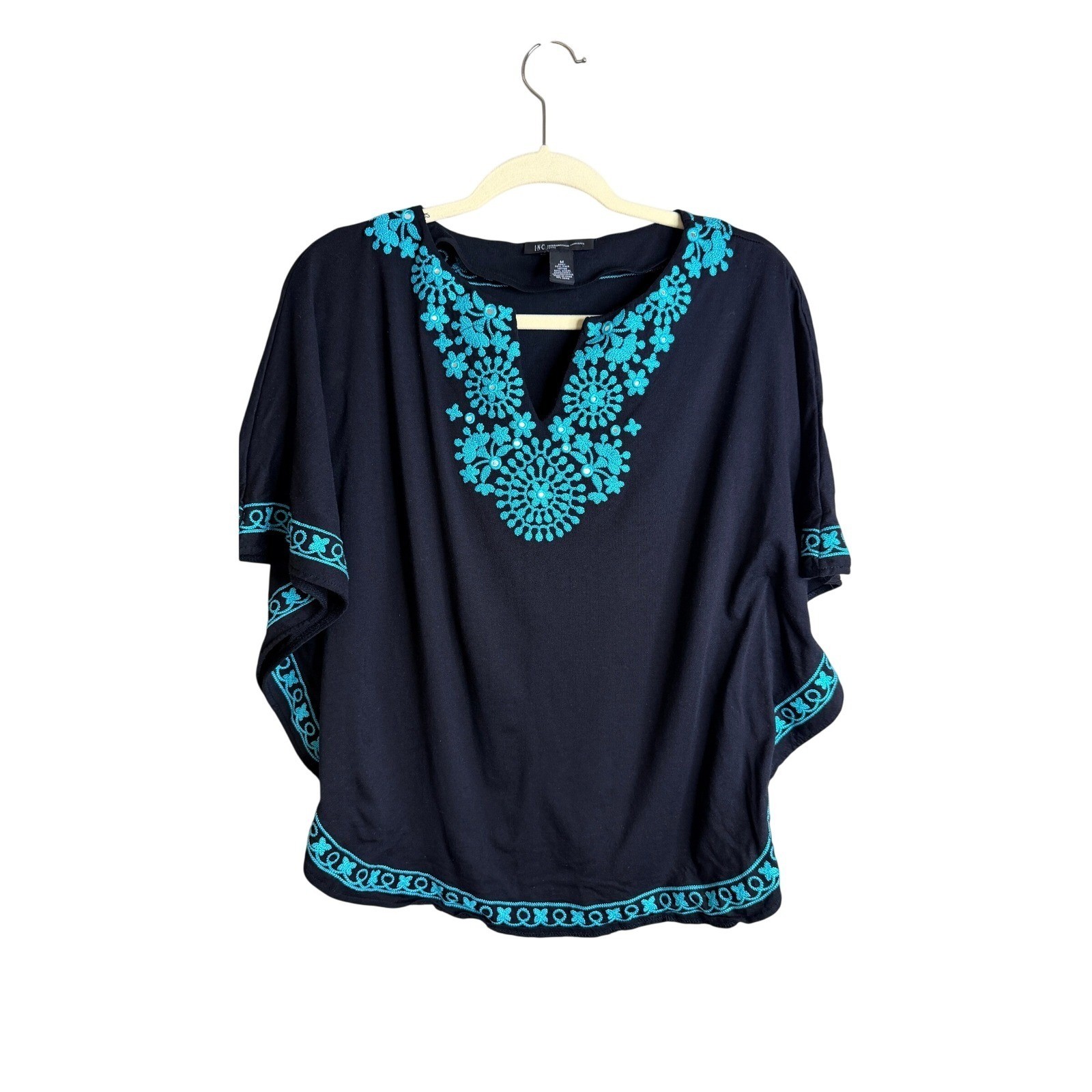 INC International Concepts Petite Navy Blue Turquoise Embroidered Kaftan Top M